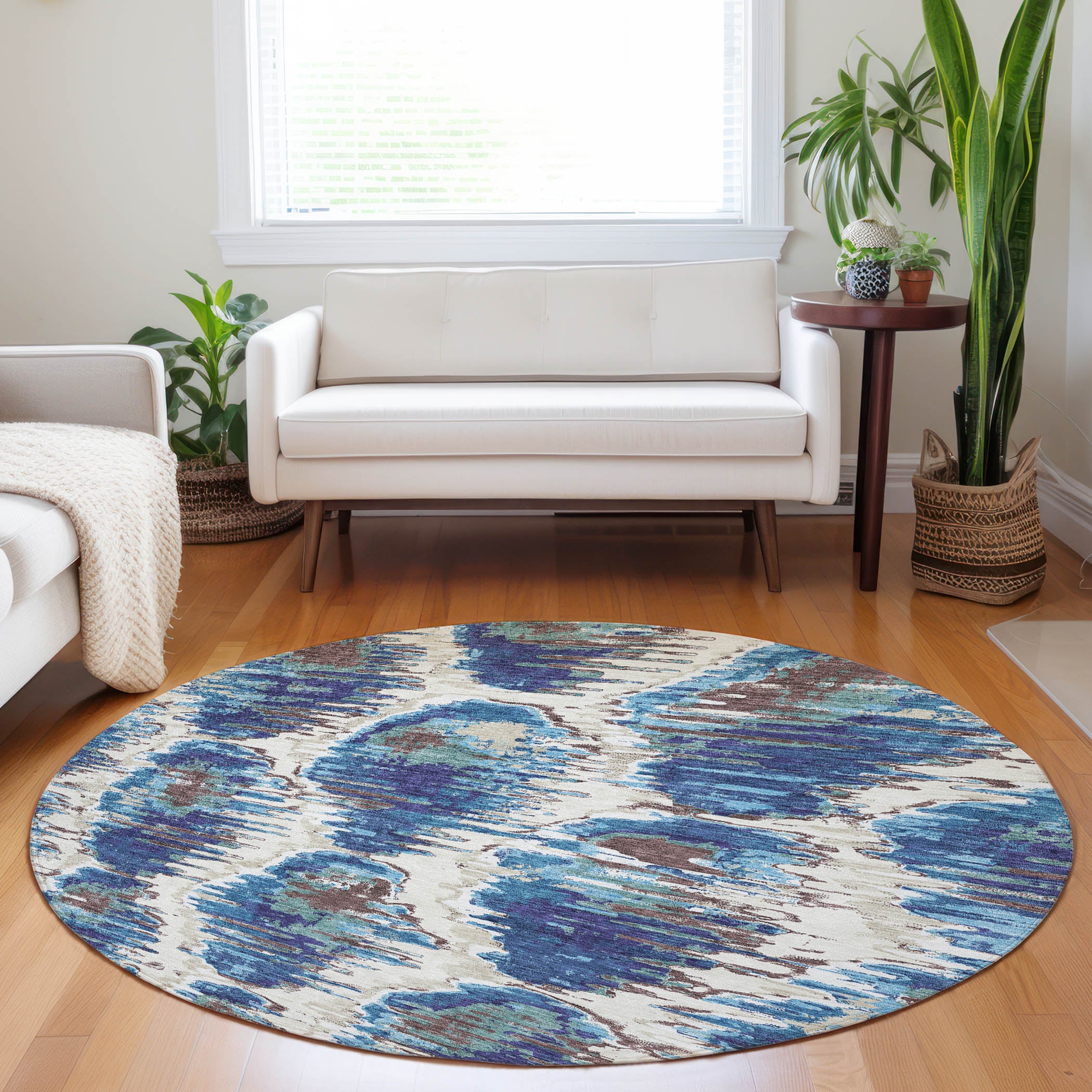 Oslo Machine Washable Transitional Blue Rug 8' x 8' #shape_Round