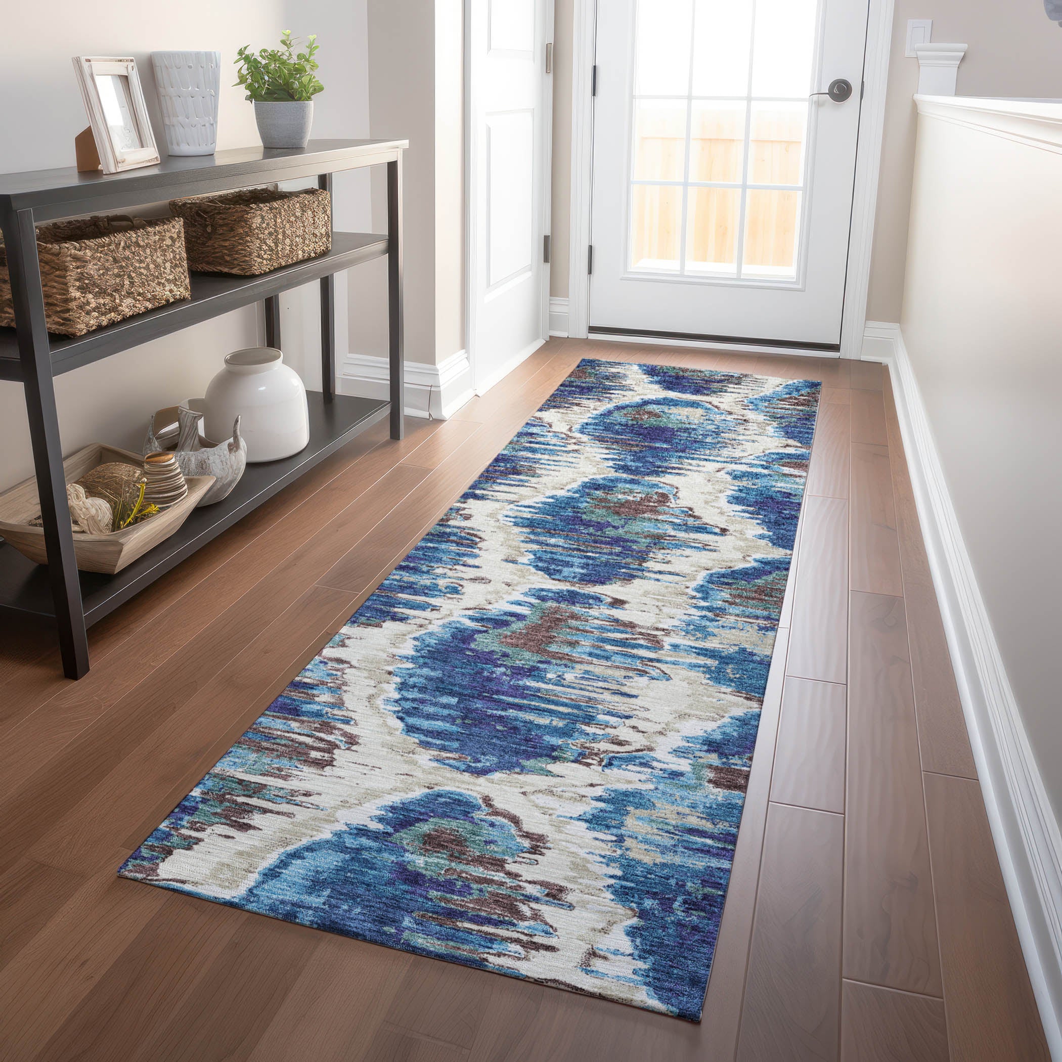 Oslo Machine Washable Transitional Blue Rug 2'3" x 7'6" #shape_Runner