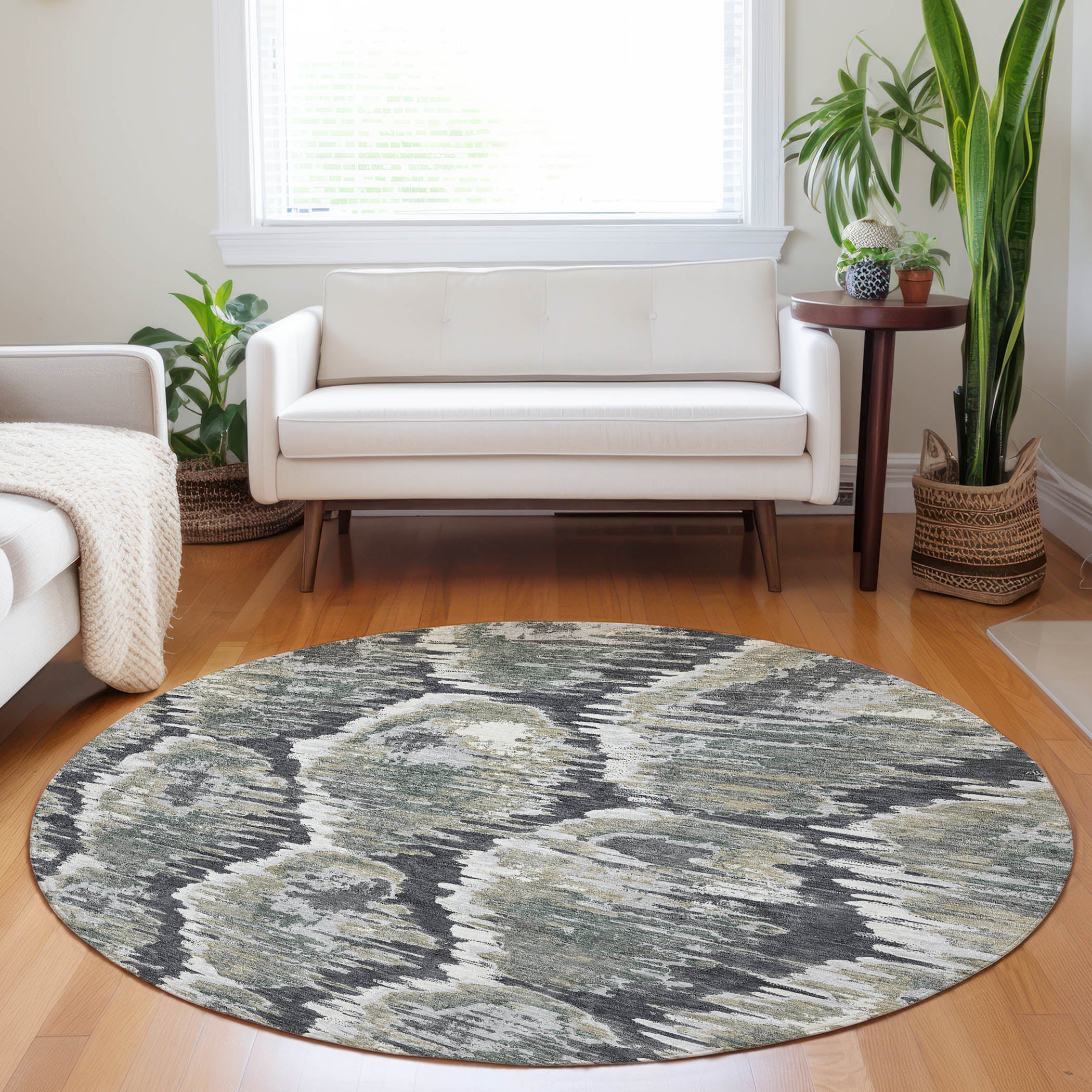 Oslo Machine Washable Transitional Charcoal Gray Rug 8' x 8' #shape_Round