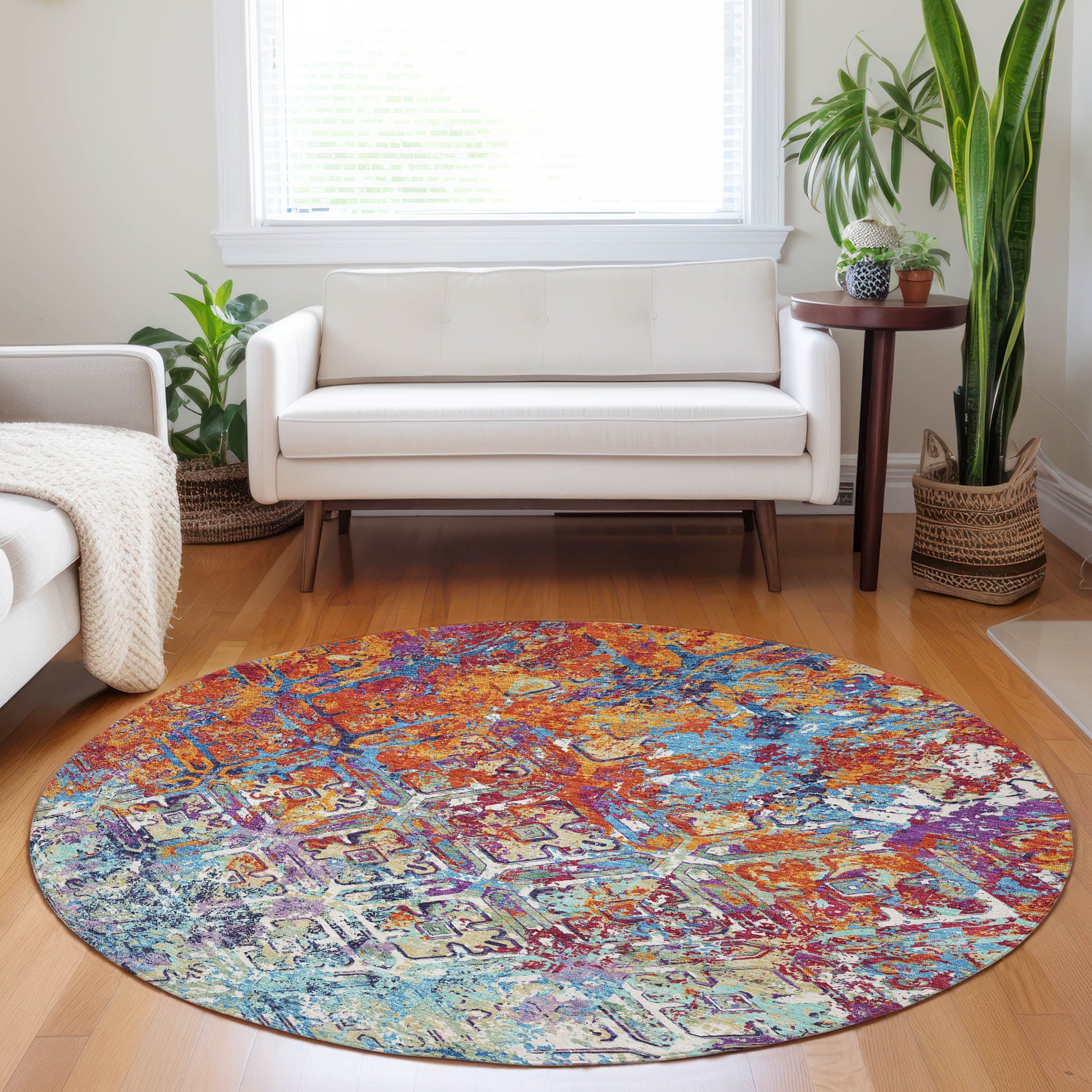Cairo Machine Washable Transitional Copper Orange Rug 8' x 8' #shape_Round