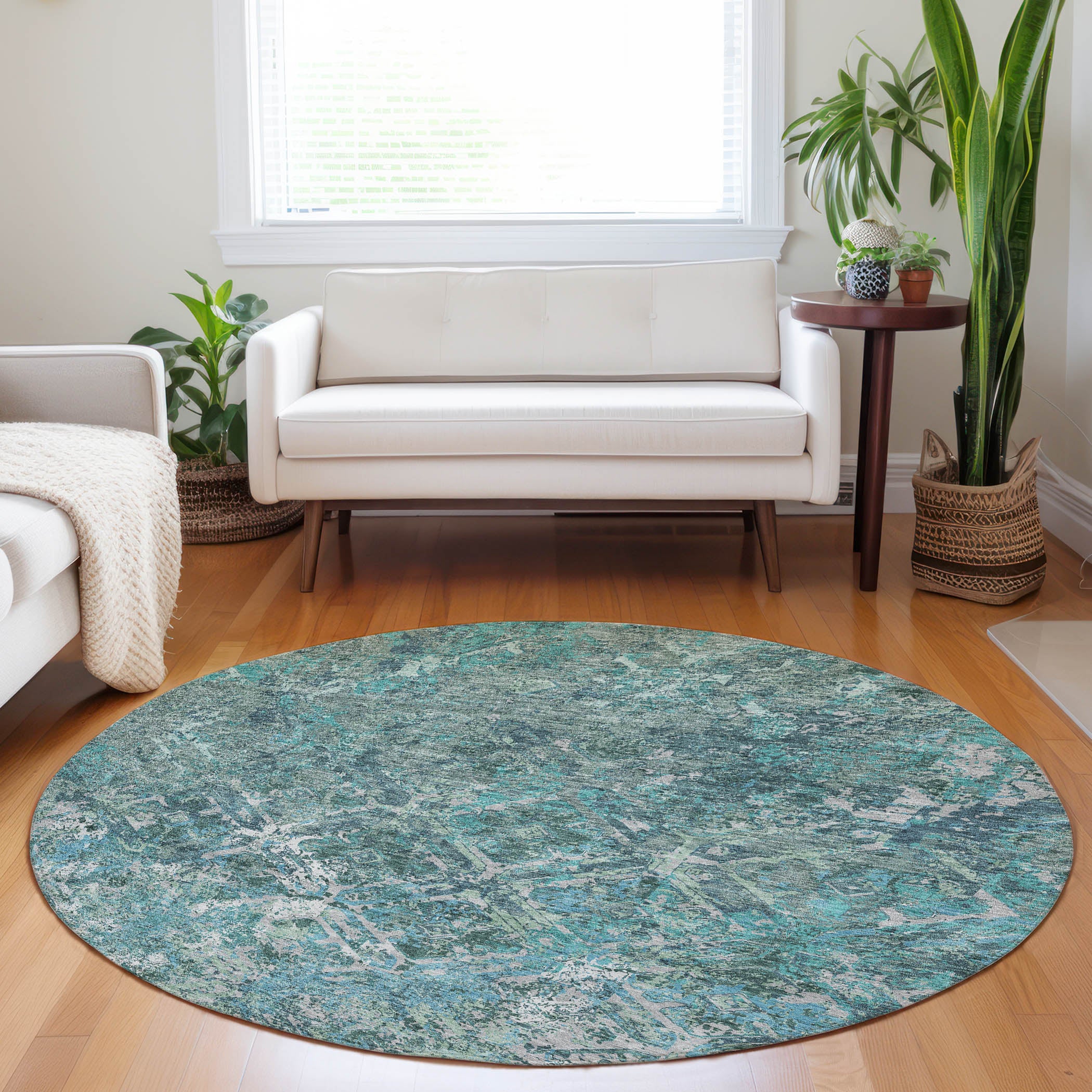 Cairo Machine Washable Transitional Sage Green Rug 8' x 8' #shape_Round