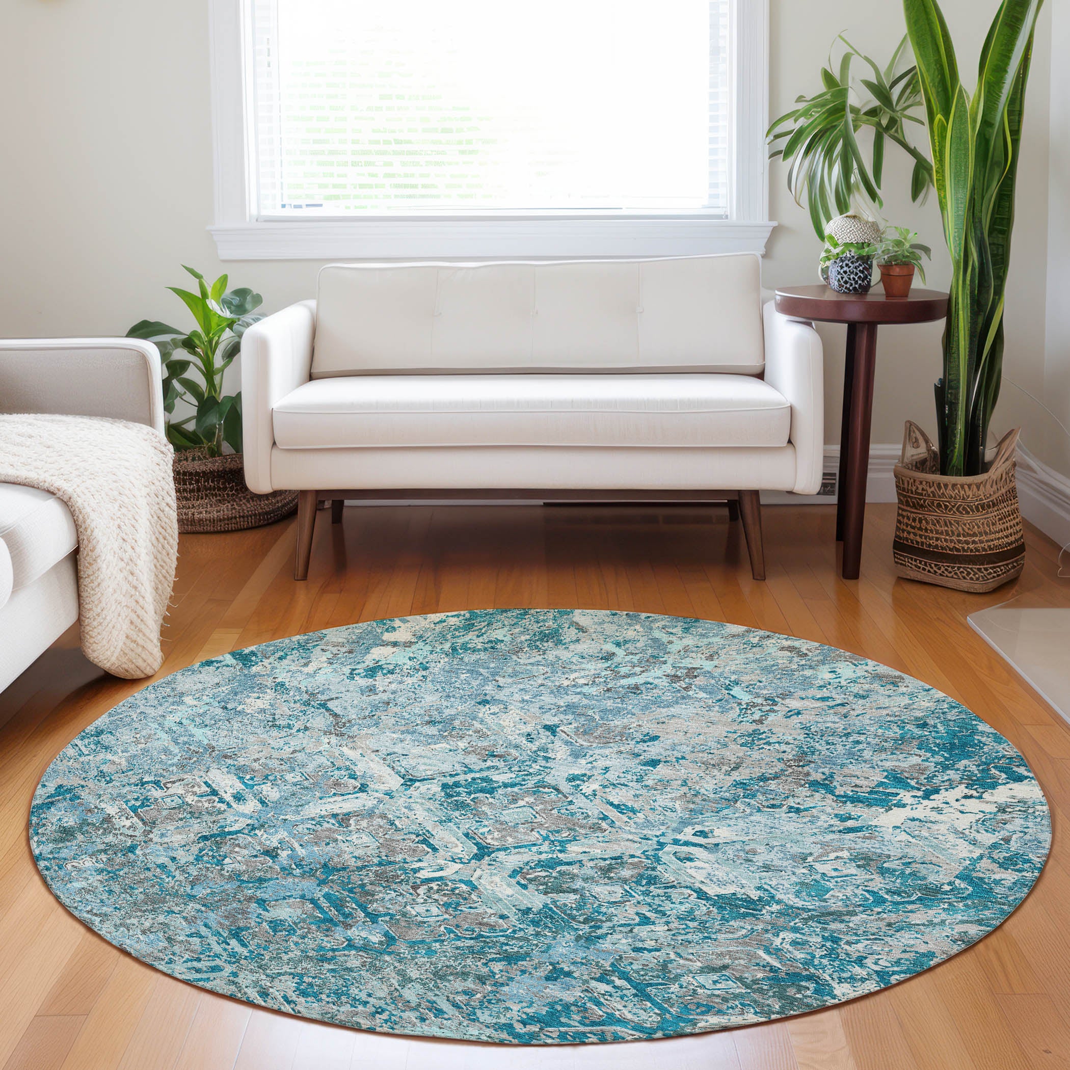 Cairo Machine Washable Transitional Teal Rug 8' x 8' #shape_Round