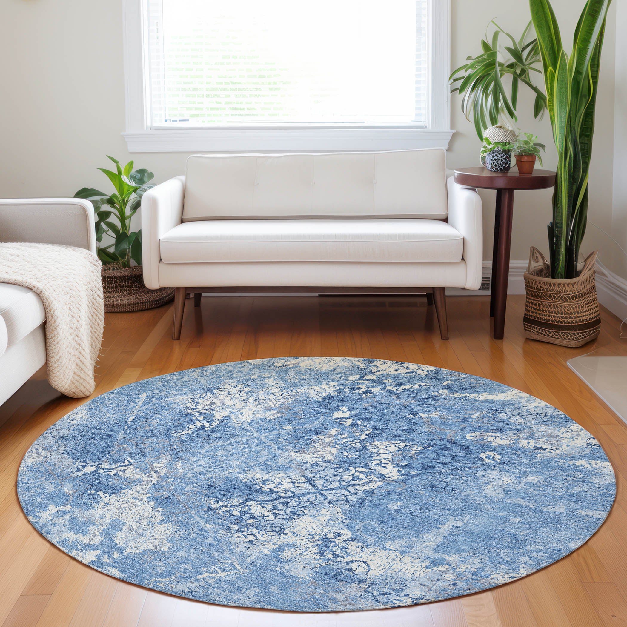 Bangkok Machine Washable Transitional Blue Rug 8' x 8' #shape_Round