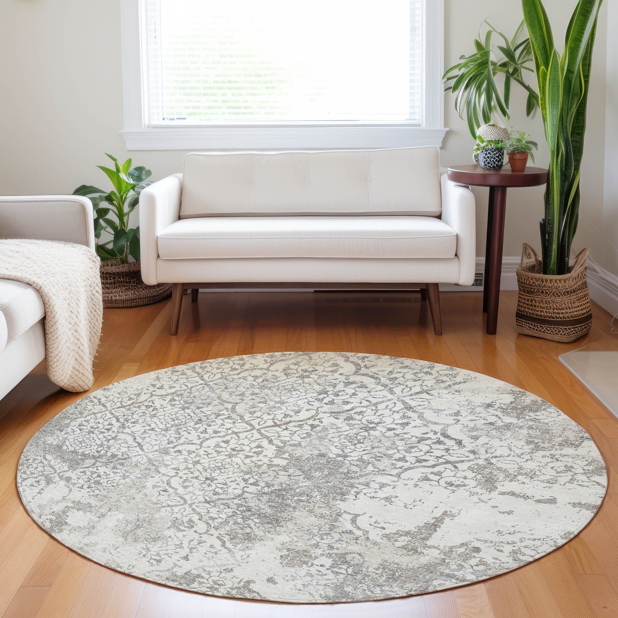 Bangkok Machine Washable Transitional Ivory Rug 8' x 8' #shape_Round