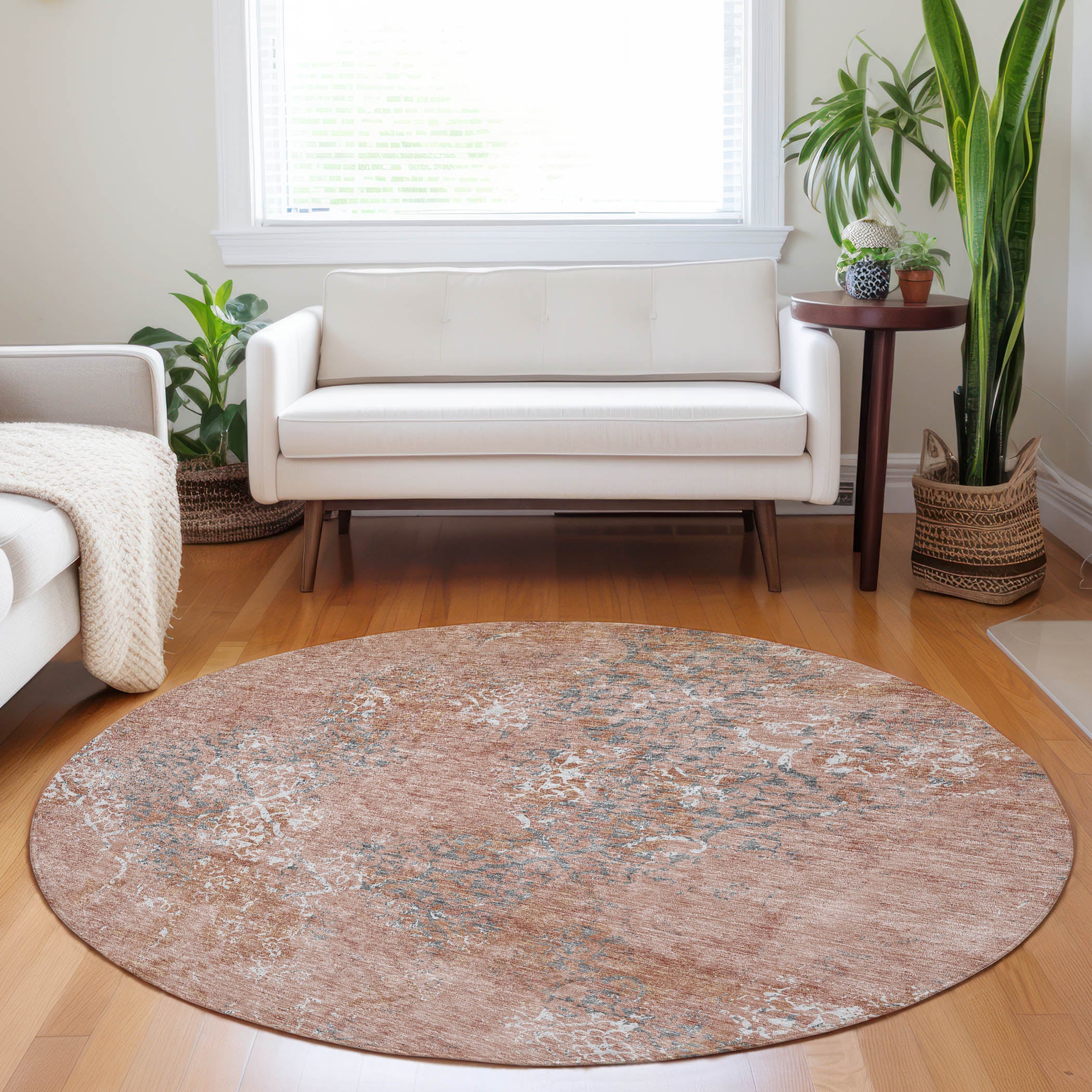 Bangkok Machine Washable Transitional Salmon Orange Rug 8' x 8' #shape_Round