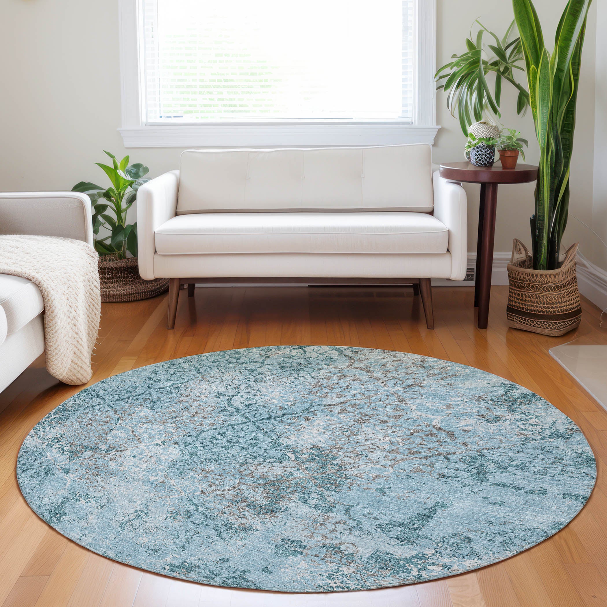 Bangkok Machine Washable Transitional Teal Rug 8' x 8' #shape_Round