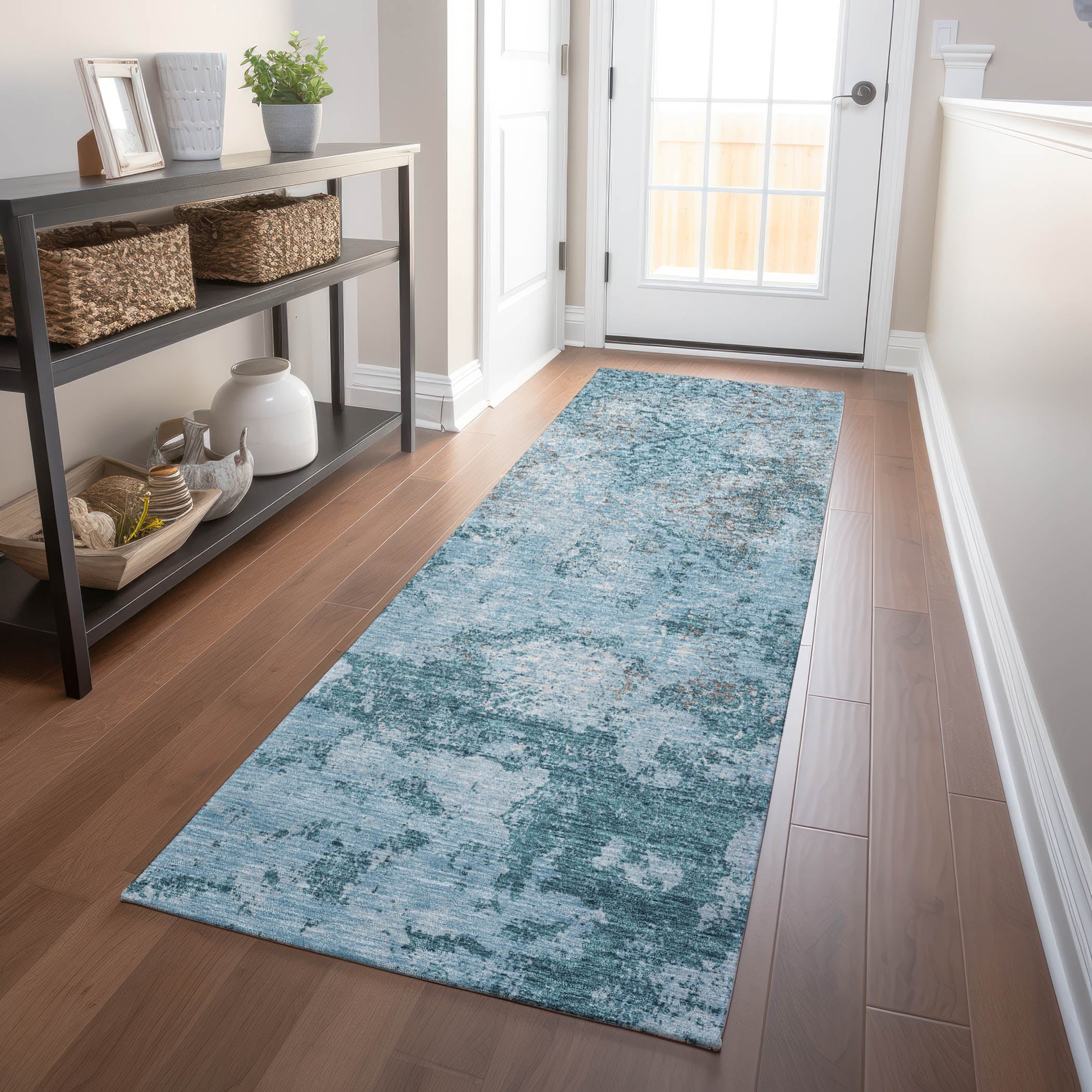Bangkok Machine Washable Transitional Teal Rug 2'3" x 7'6" #shape_Runner