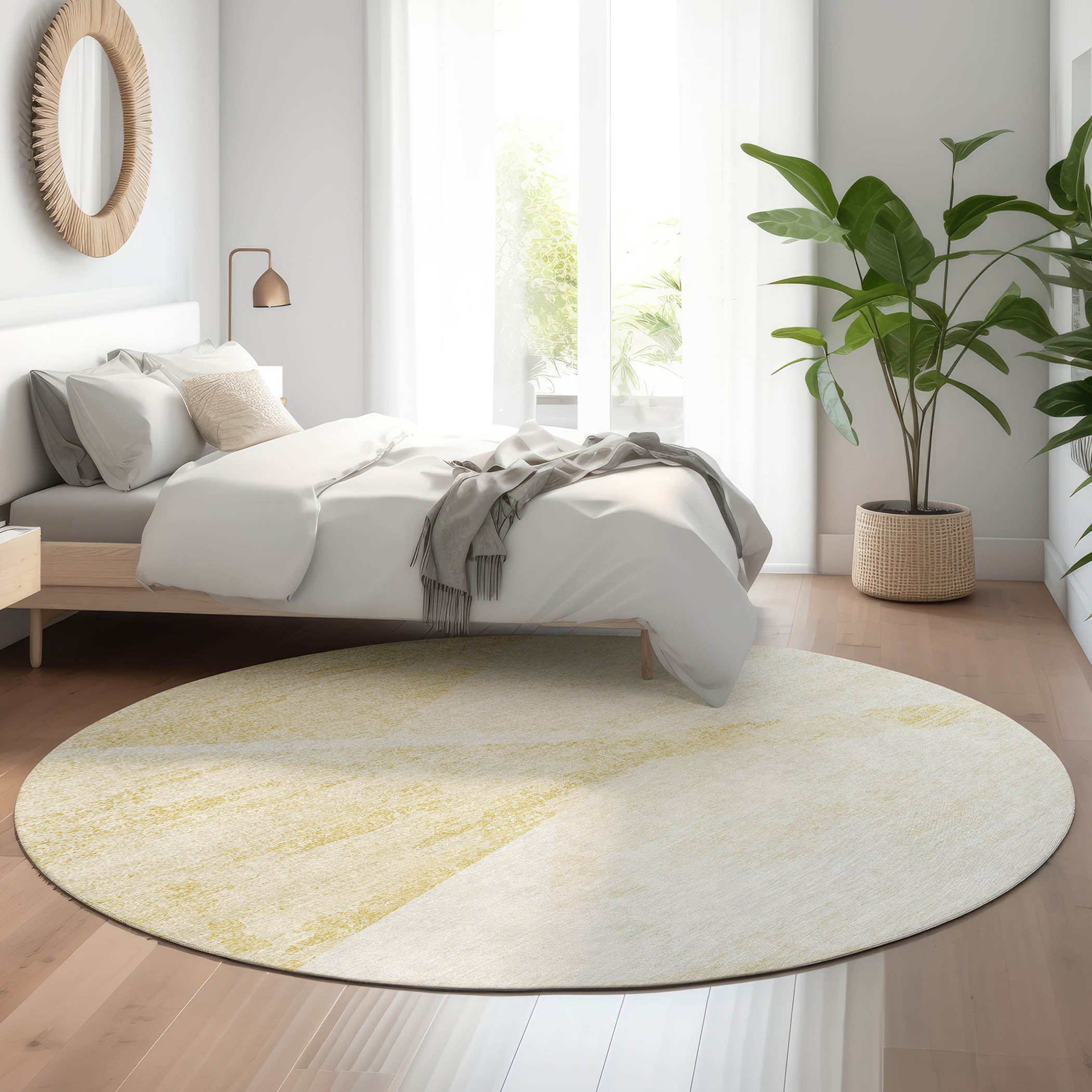 Bangkok Machine Washable Transitional Gold Rug 8' x 8' #shape_Round