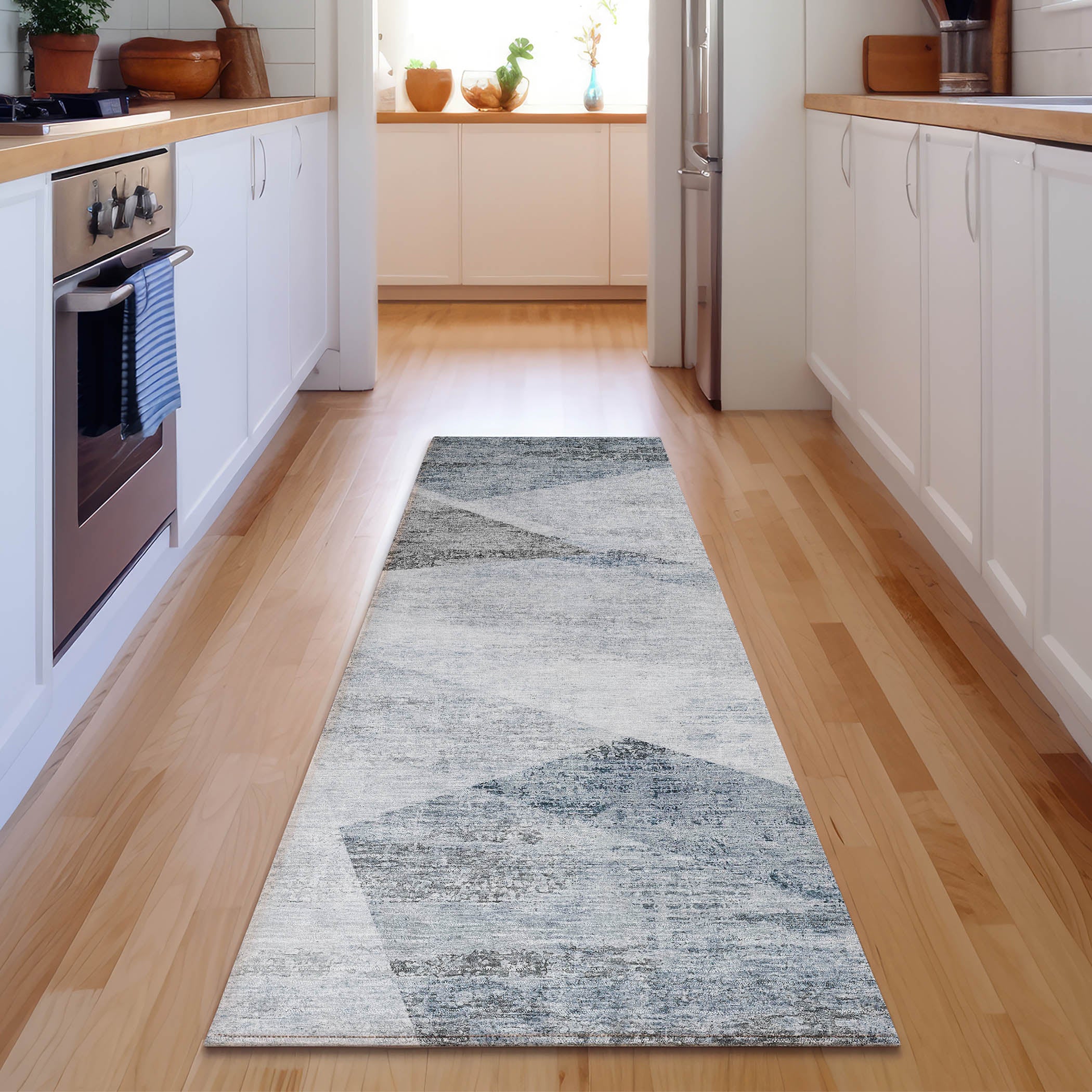 Bangkok Machine Washable Transitional Sky Blue Rug 2'3" x 7'6" #shape_Runner