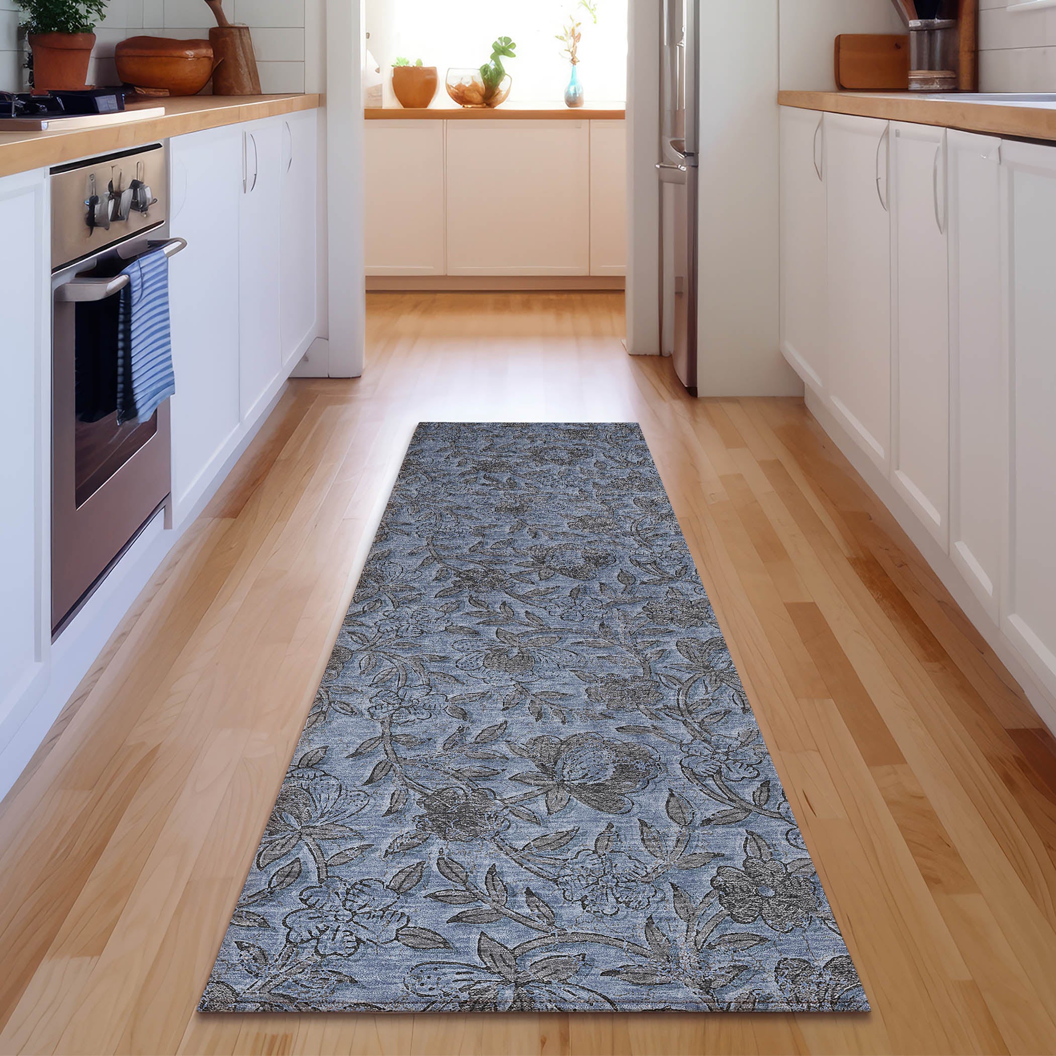 Porto Machine Washable Transitional Blue Rug 2'3" x 7'6" #shape_Runner