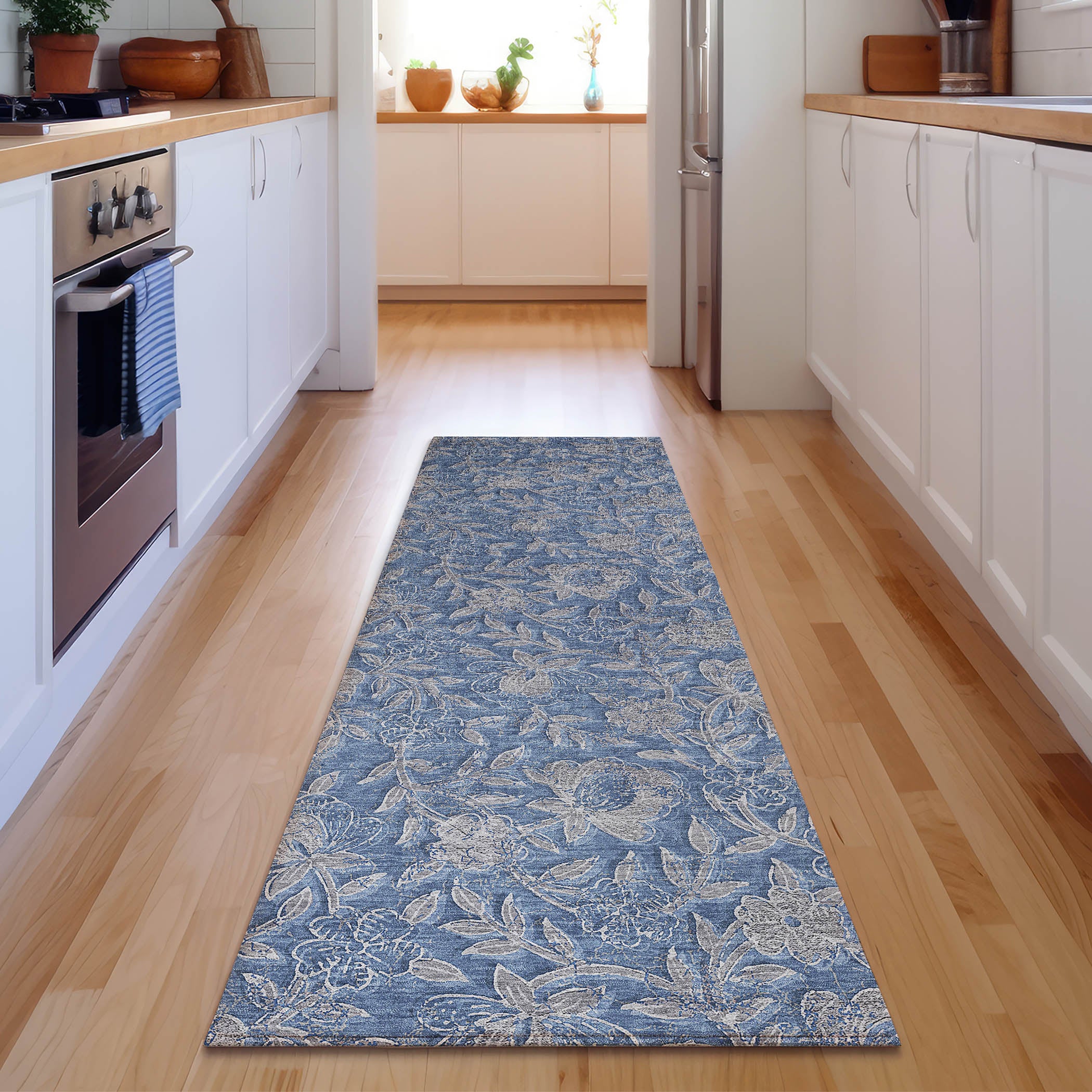 Porto Machine Washable Transitional Denim Blue Rug 2'3" x 7'6" #shape_Runner