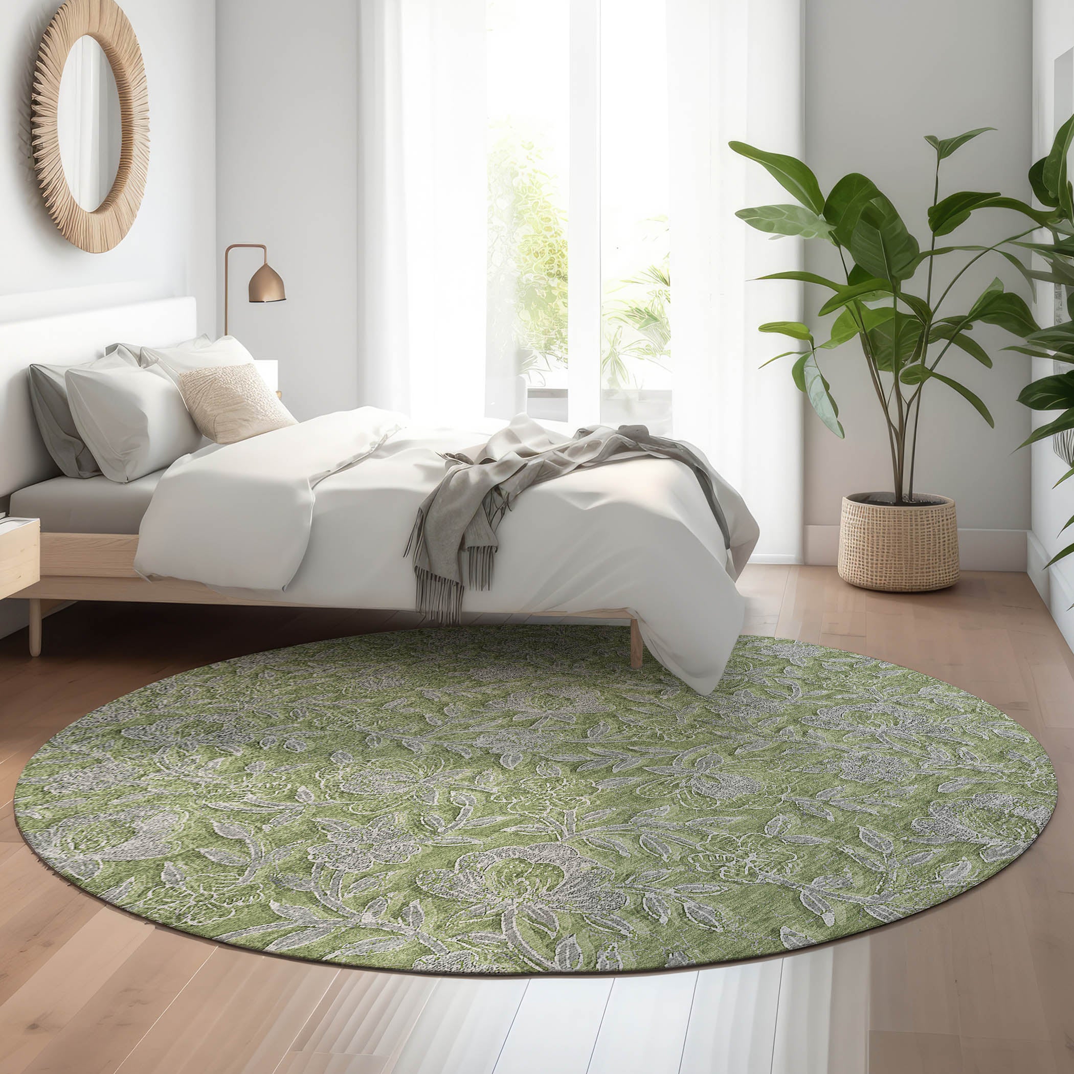Porto Machine Washable Transitional Olive Green Rug 8' x 8' #shape_Round