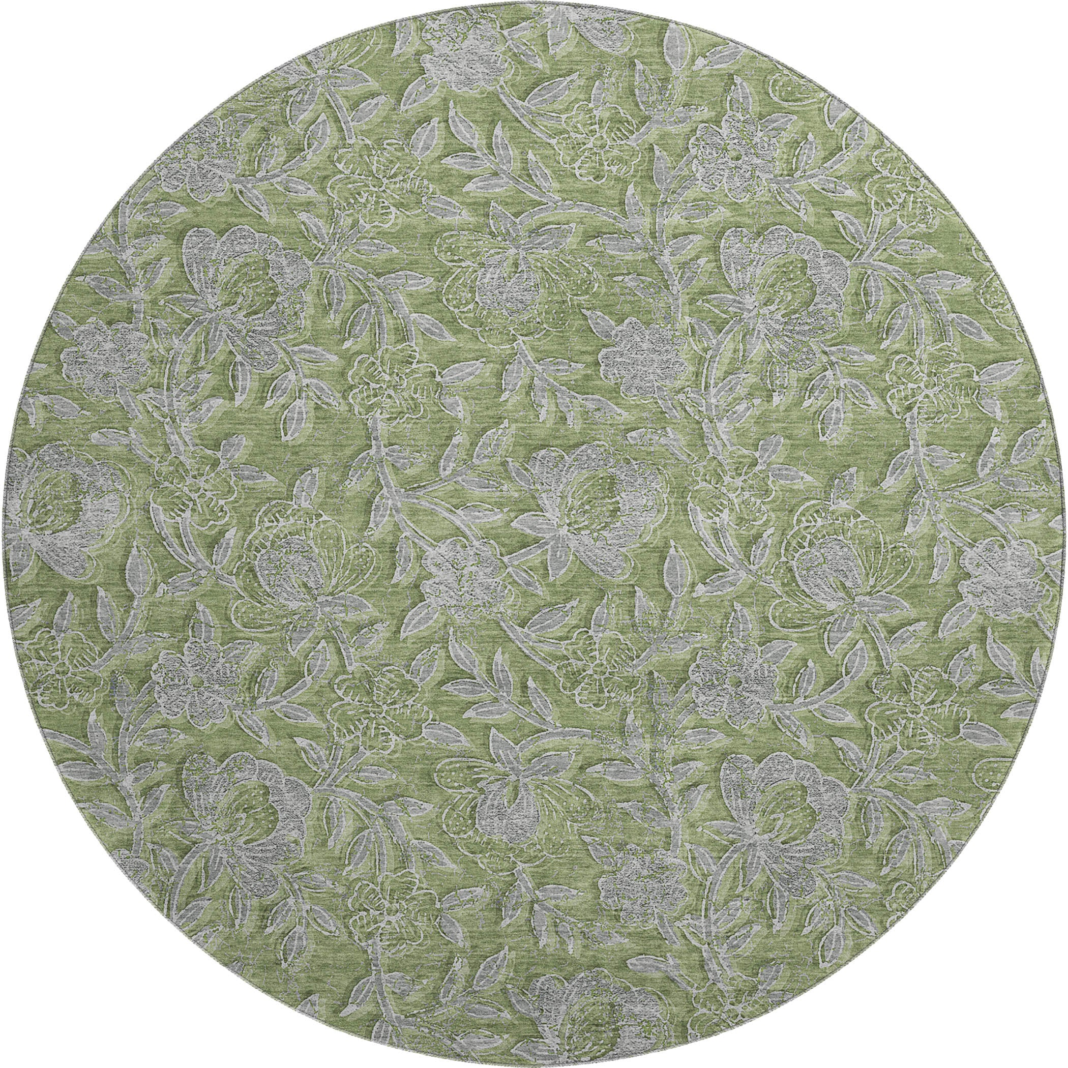 Porto Machine Washable Transitional Olive Green Rug 8' x 8' #shape_Round