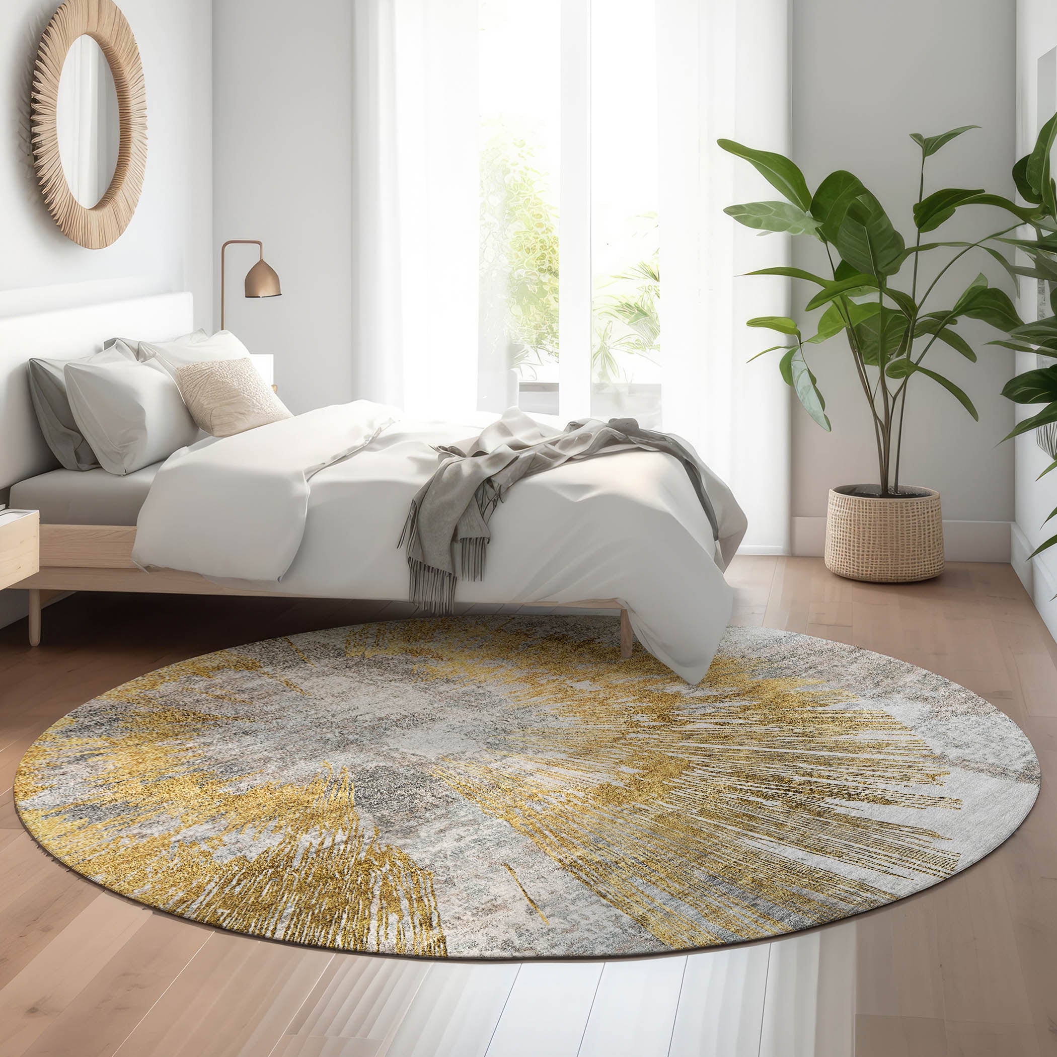 Havana Machine Washable Transitional Gold Rug 8' x 8' #shape_Round