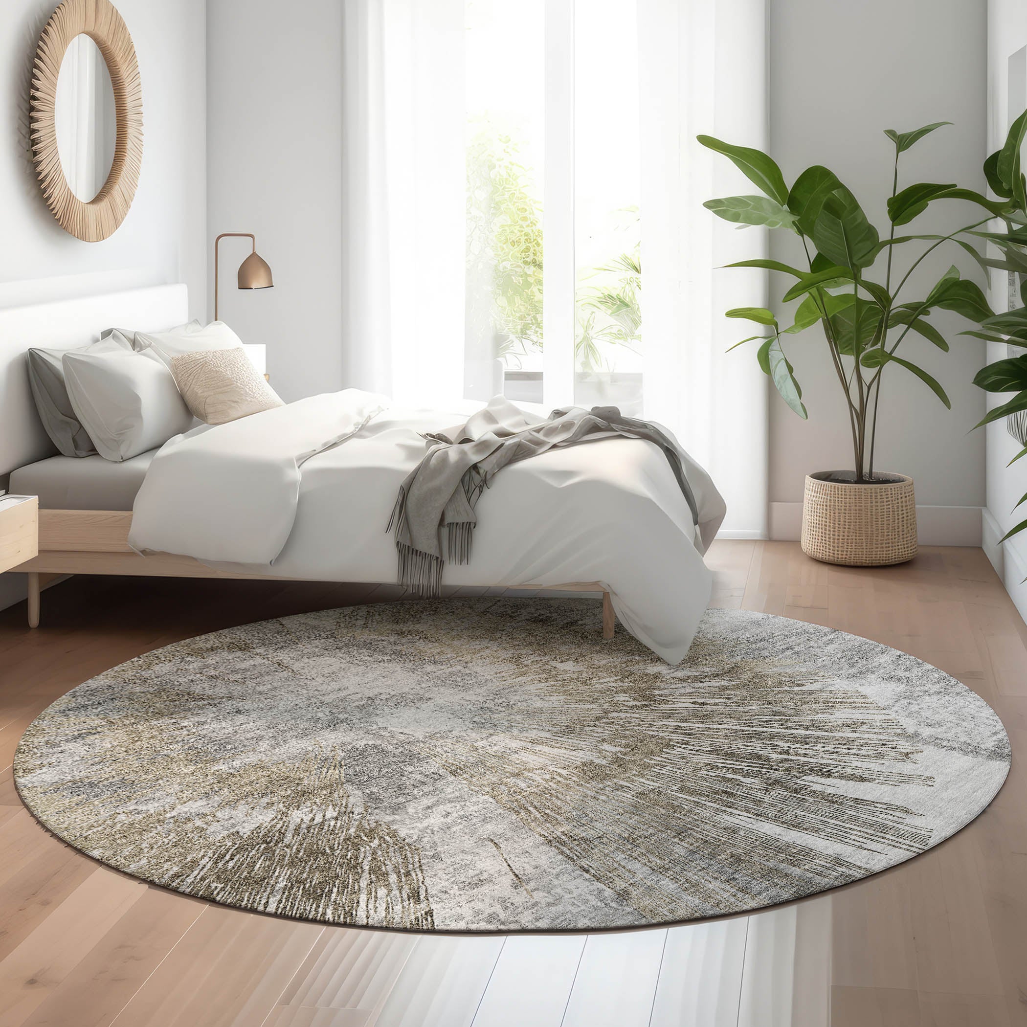 Havana Machine Washable Transitional Taupe Brown Rug 8' x 8' #shape_Round