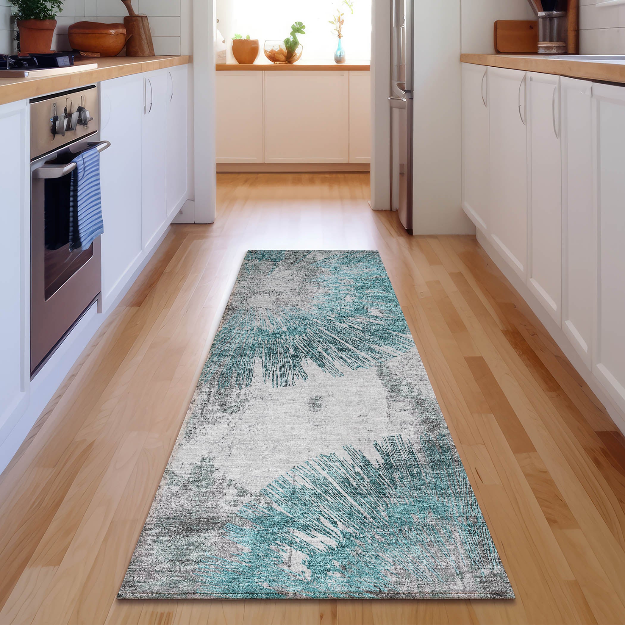 Havana Machine Washable Transitional Teal Rug 2'3" x 7'6" #shape_Runner