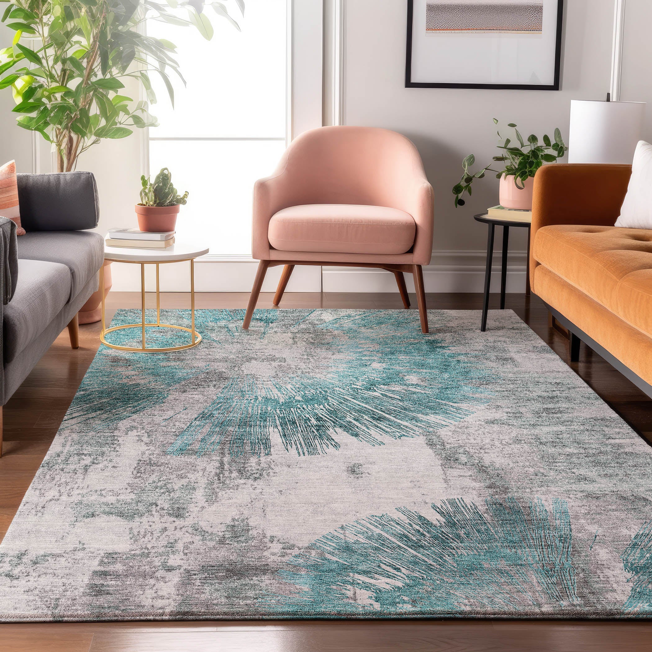 Havana Machine Washable Transitional Teal Rug 2'6" x 3'10" #shape_Rectangle