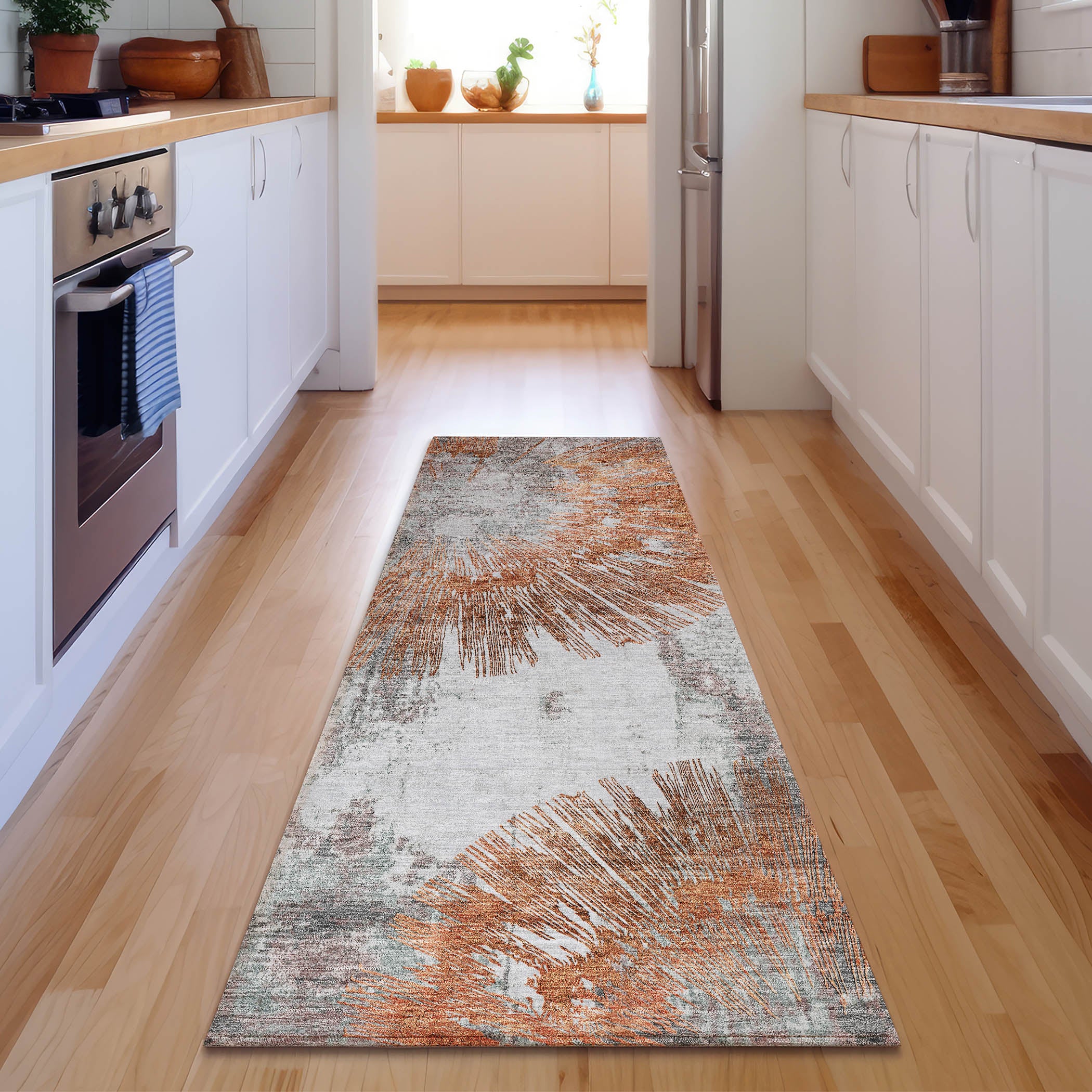 Havana Machine Washable Transitional Terracotta Orange Rug 2'3" x 7'6" #shape_Runner