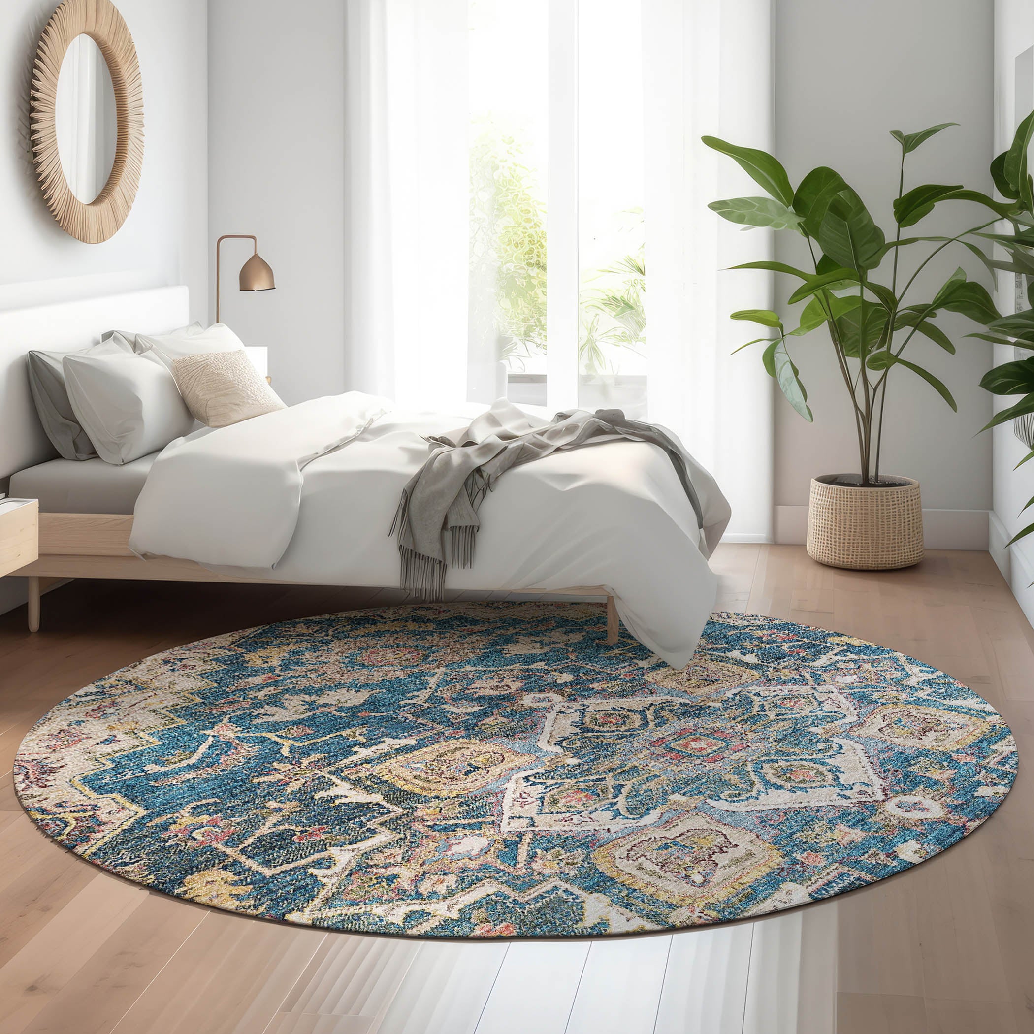 Zanzibar Machine Washable Traditional Blue Rug 8' x 8' #shape_Round