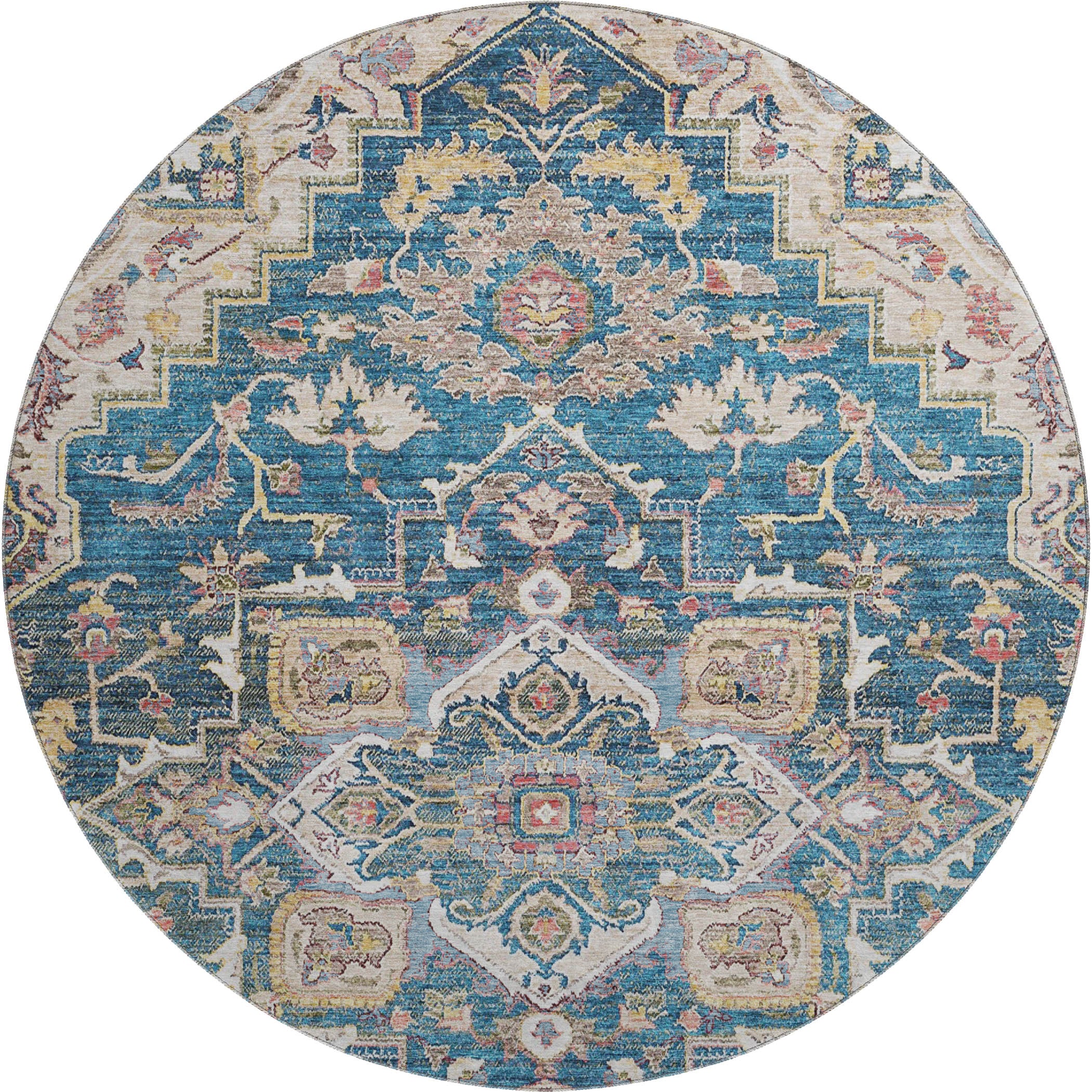 Zanzibar Machine Washable Traditional Blue Rug 8' x 8' #shape_Round