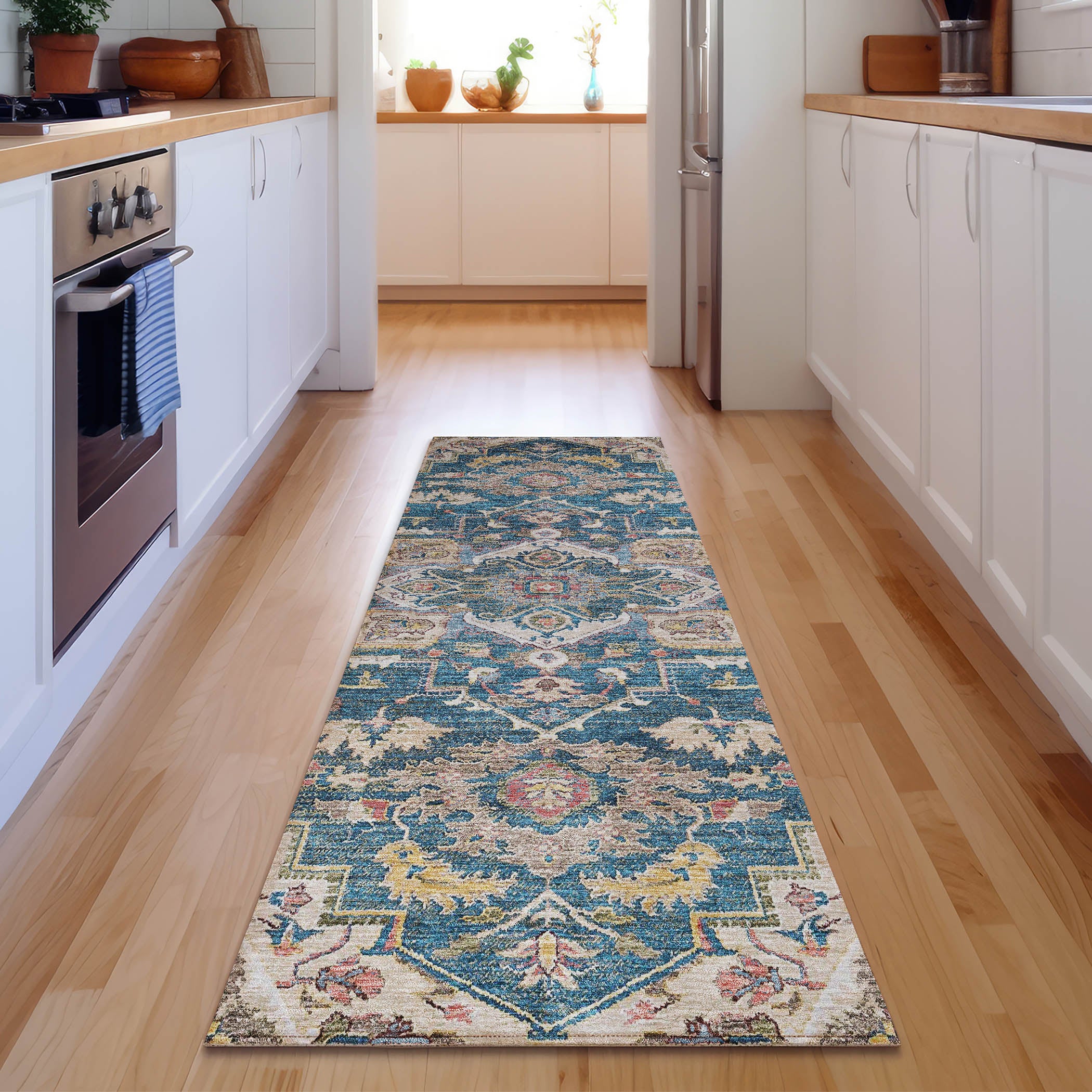 Zanzibar Machine Washable Traditional Blue Rug 2'3" x 7'6" #shape_Runner