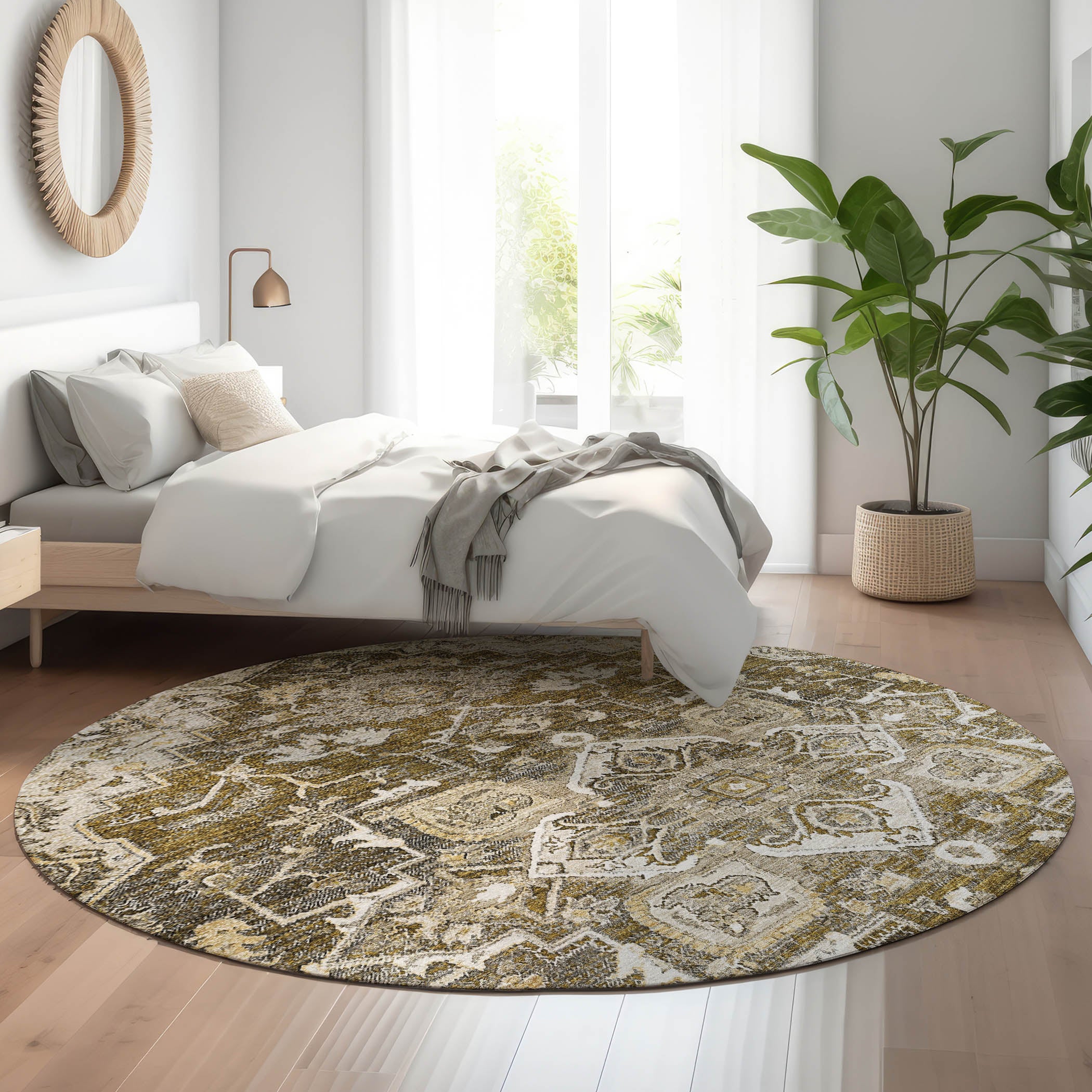 Zanzibar Machine Washable Traditional Brown Rug 8' x 8' #shape_Round