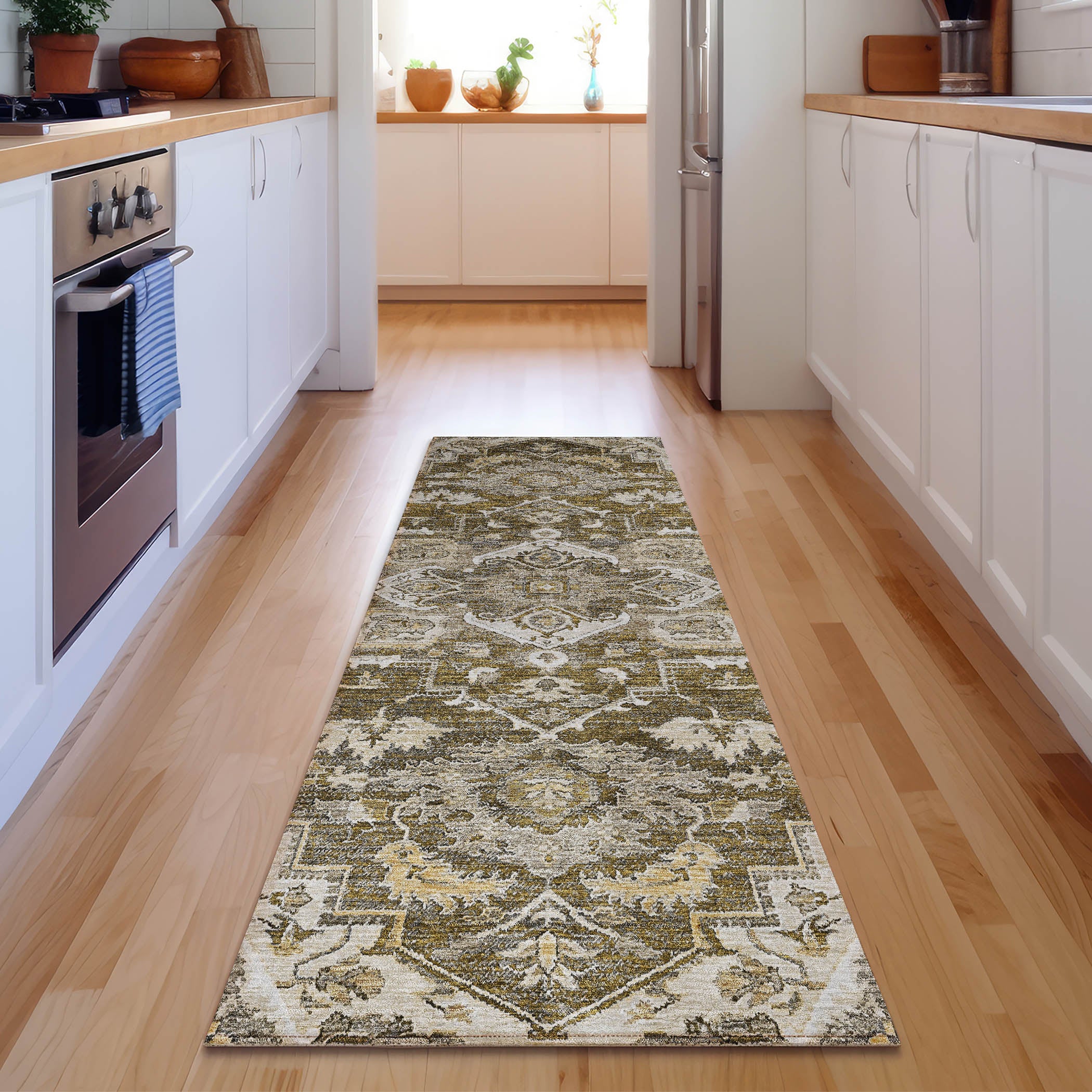 Zanzibar Machine Washable Traditional Brown Rug 2'3" x 7'6" #shape_Runner