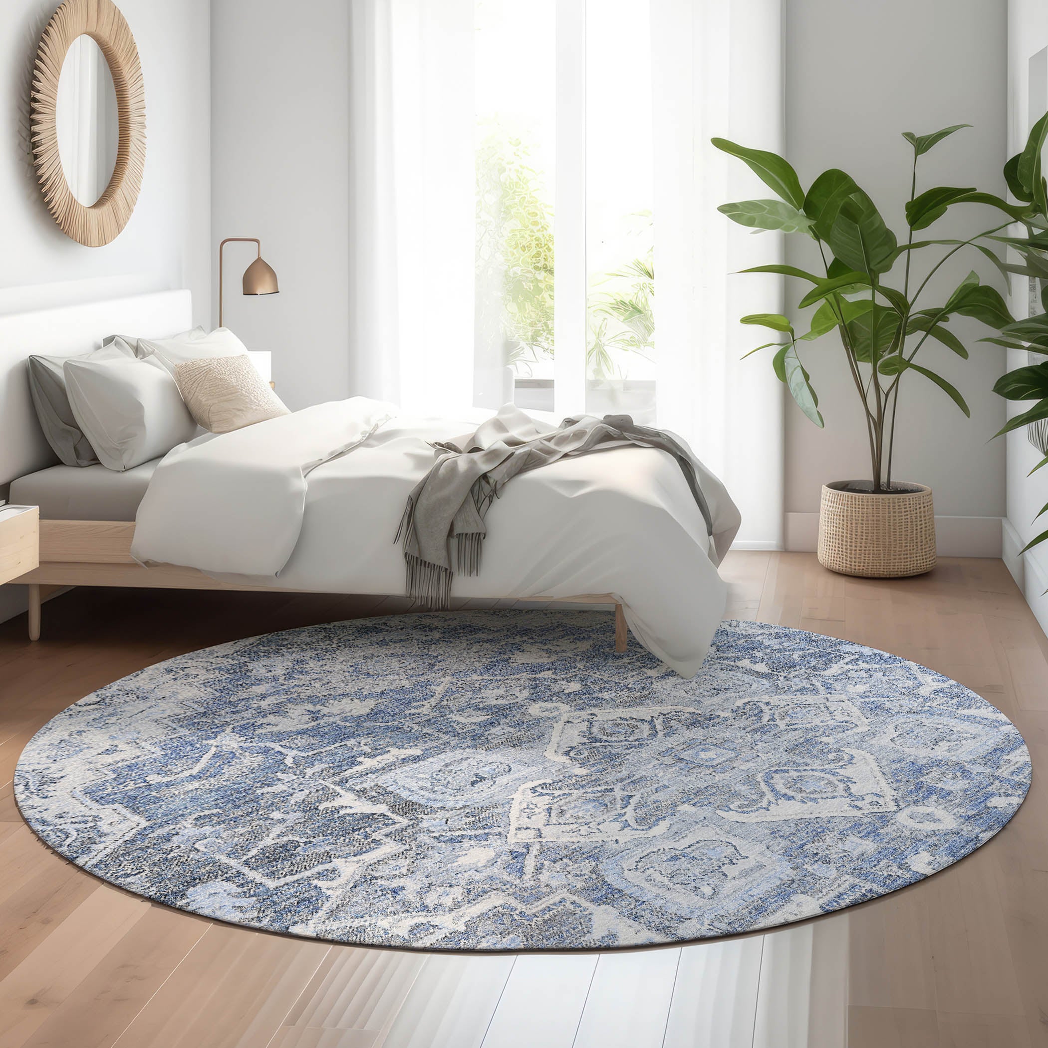 Zanzibar Machine Washable Traditional Denim Blue Rug 8' x 8' #shape_Round