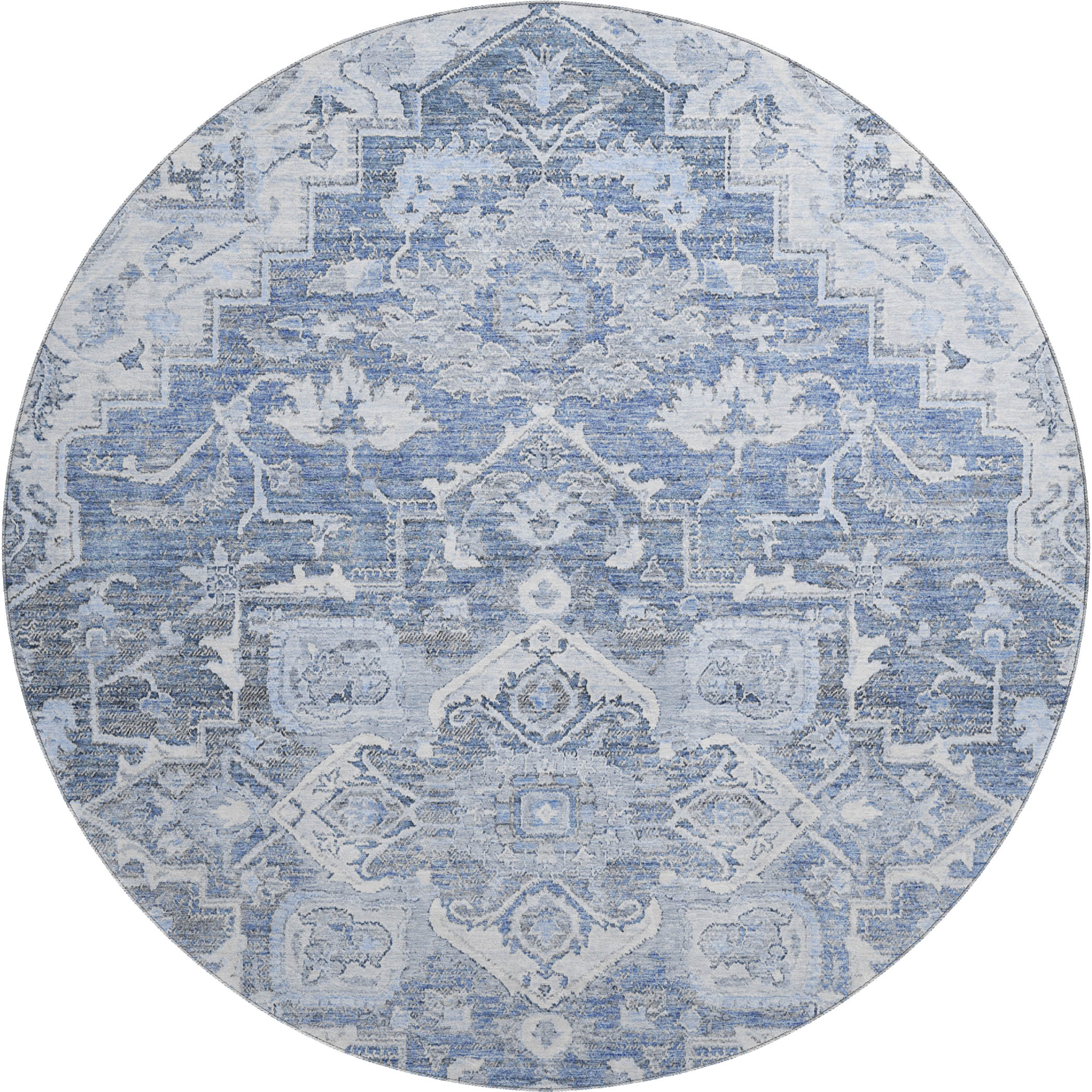 Zanzibar Machine Washable Traditional Denim Blue Rug 8' x 8' #shape_Round