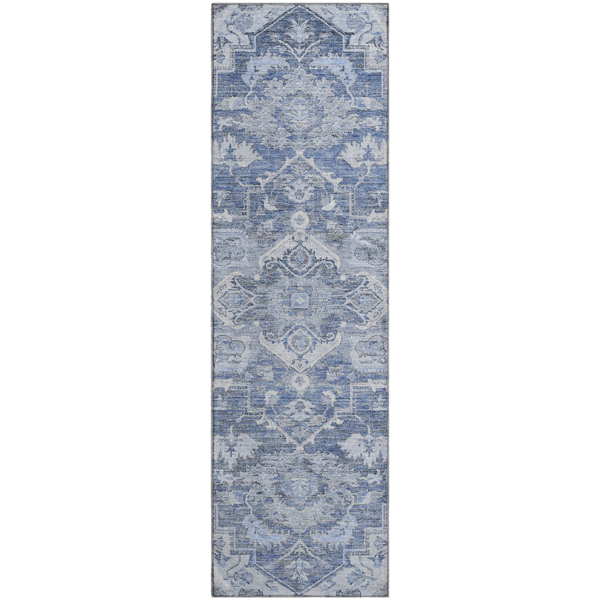 Zanzibar Machine Washable Traditional Denim Blue Rug 2'3" x 7'6" #shape_Runner