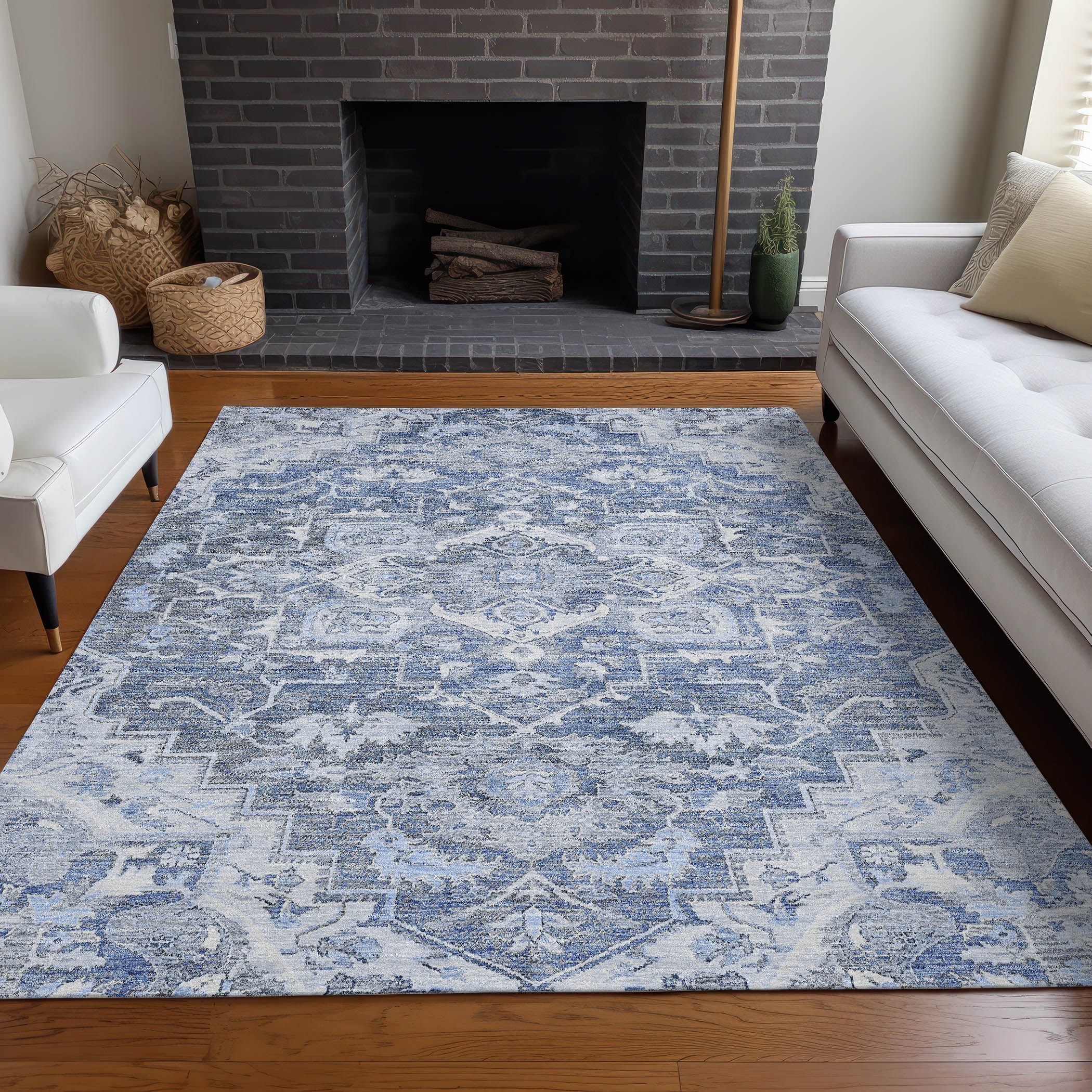 Zanzibar Machine Washable Traditional Denim Blue Rug 2'6" x 3'10" #shape_Rectangle
