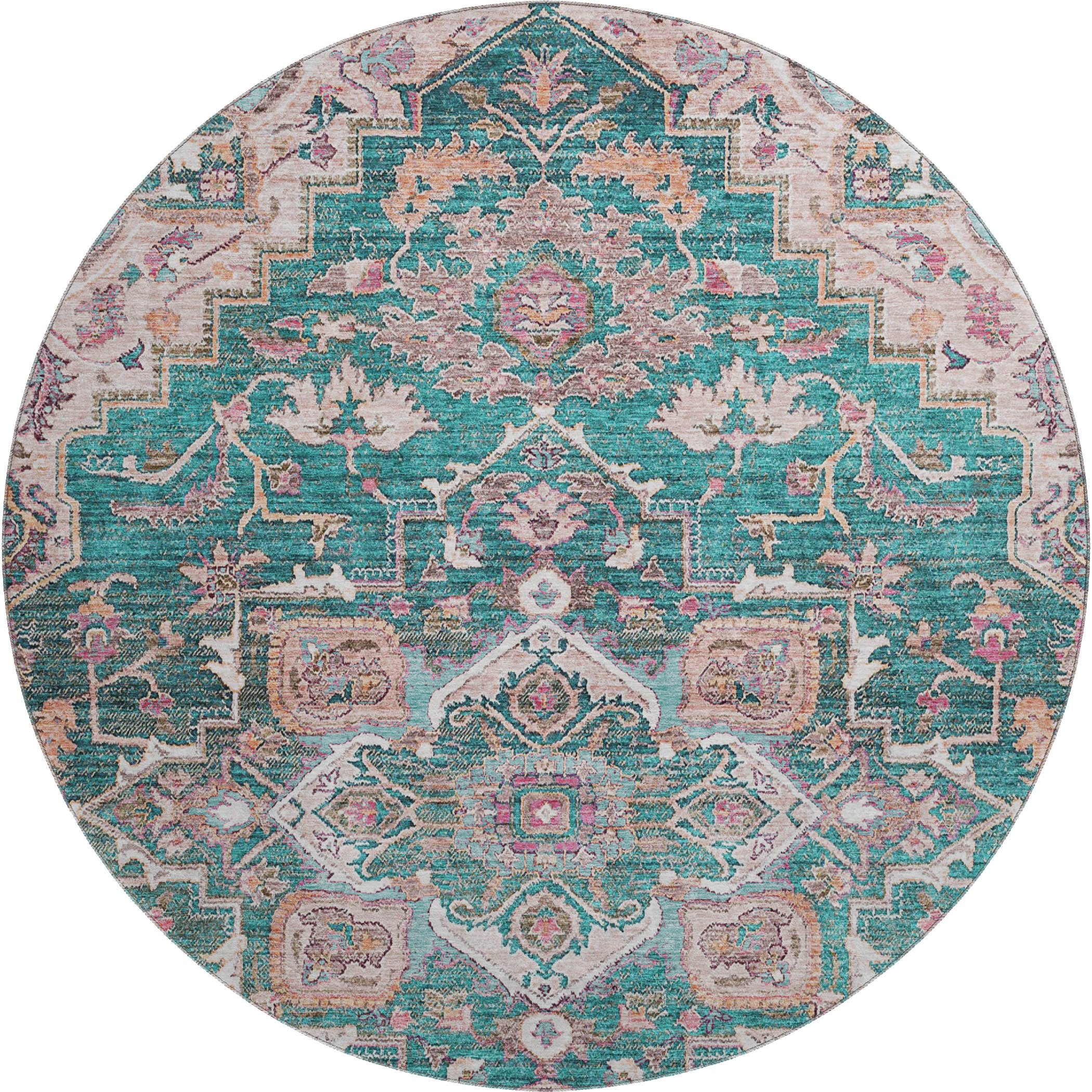 Zanzibar Machine Washable Traditional Emerald Green Rug 8' x 8' #shape_Round
