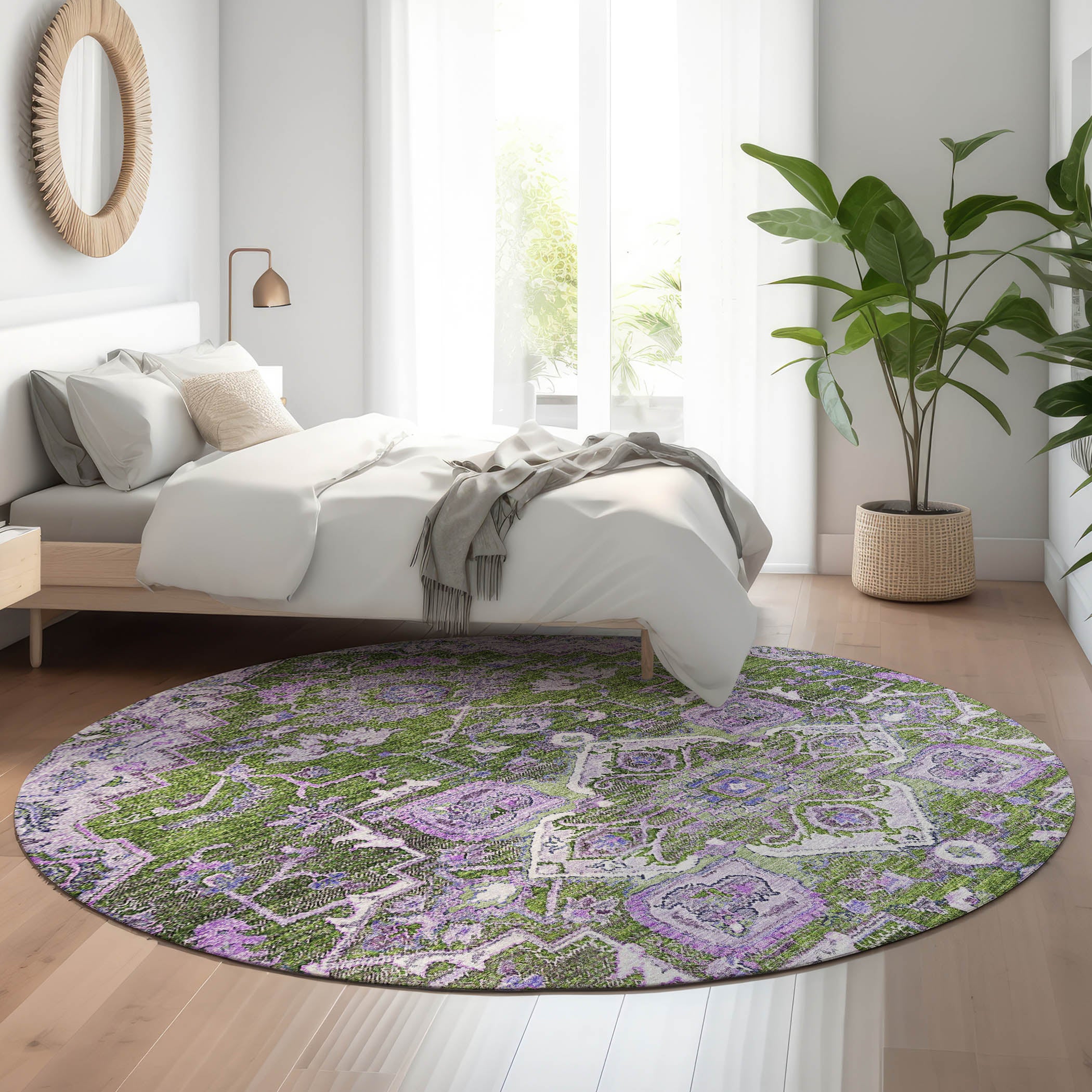 Zanzibar Machine Washable Traditional Olive Green Rug 8' x 8' #shape_Round