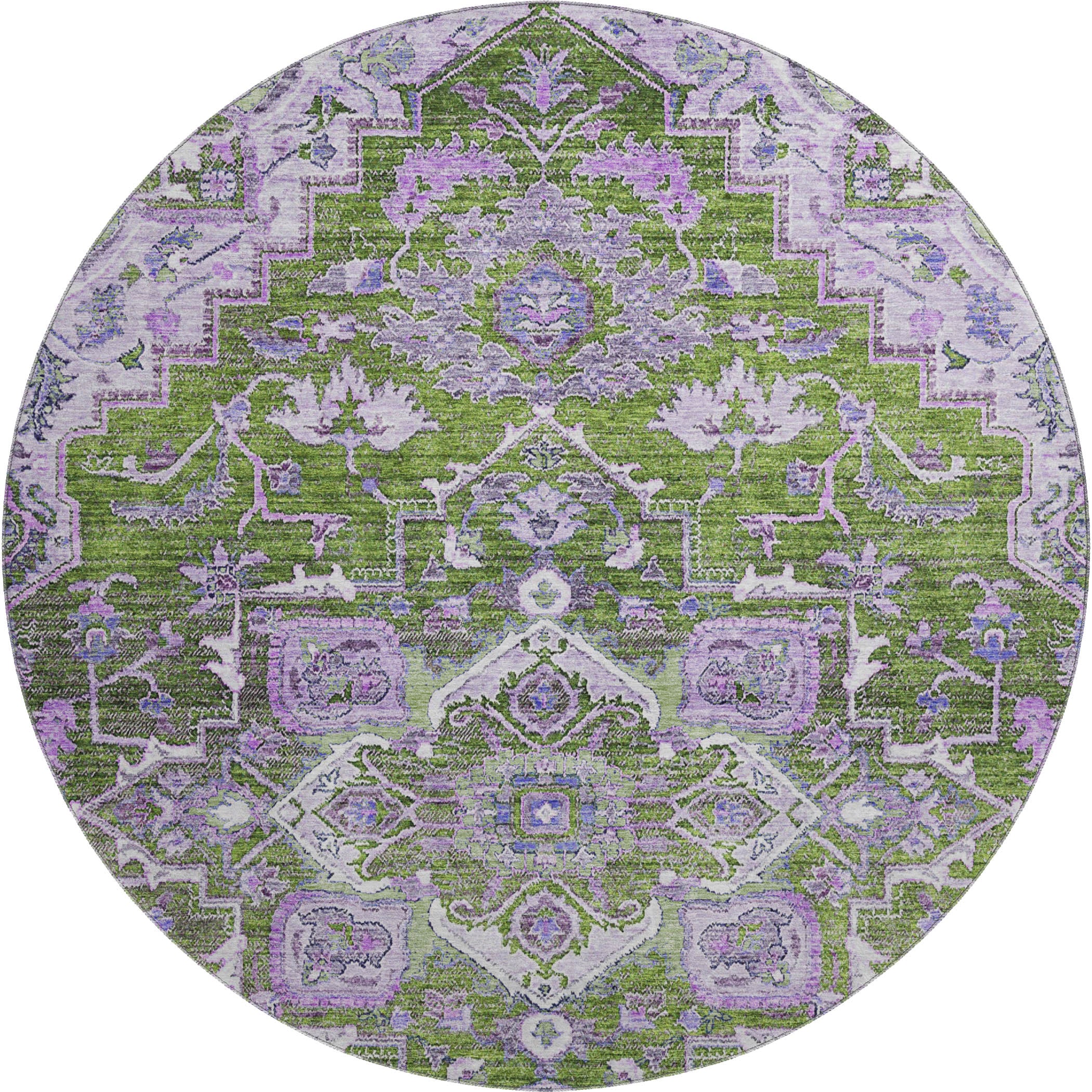 Zanzibar Machine Washable Traditional Olive Green Rug 8' x 8' #shape_Round