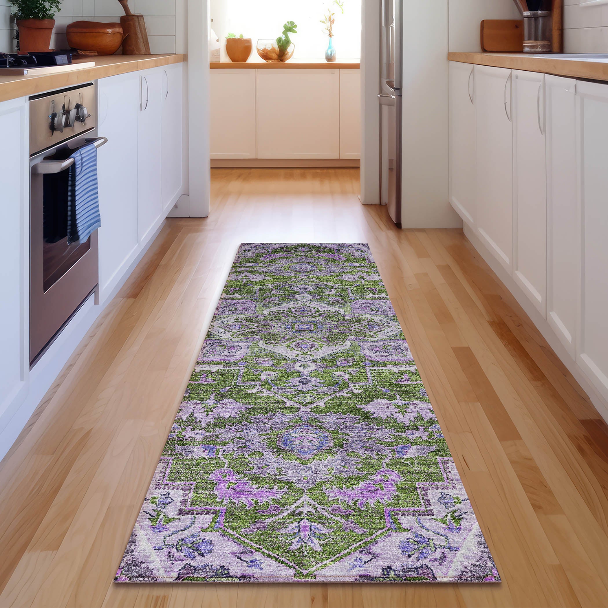 Zanzibar Machine Washable Traditional Olive Green Rug 2'3" x 7'6" #shape_Runner