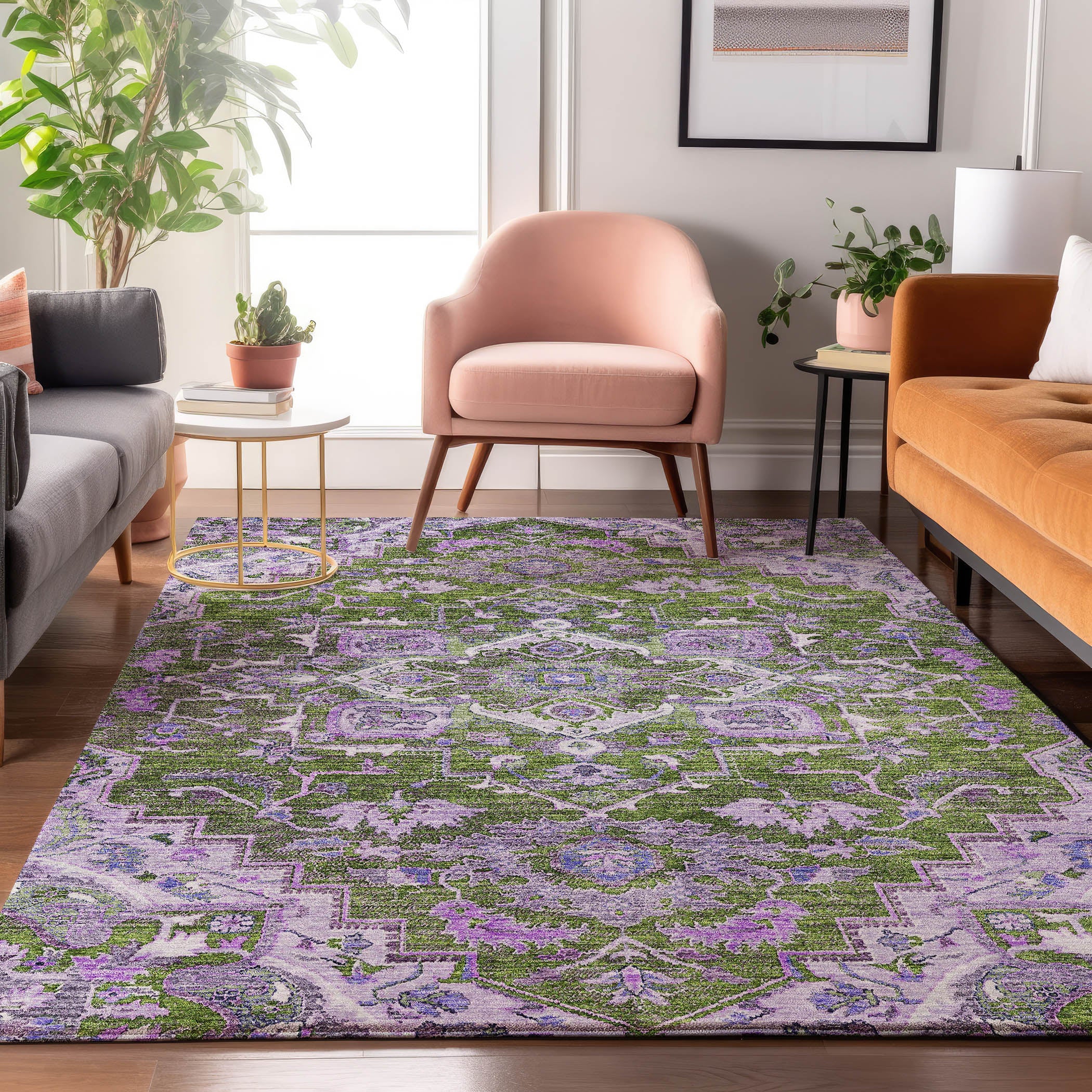 Zanzibar Machine Washable Traditional Olive Green Rug 2'6" x 3'10" #shape_Rectangle