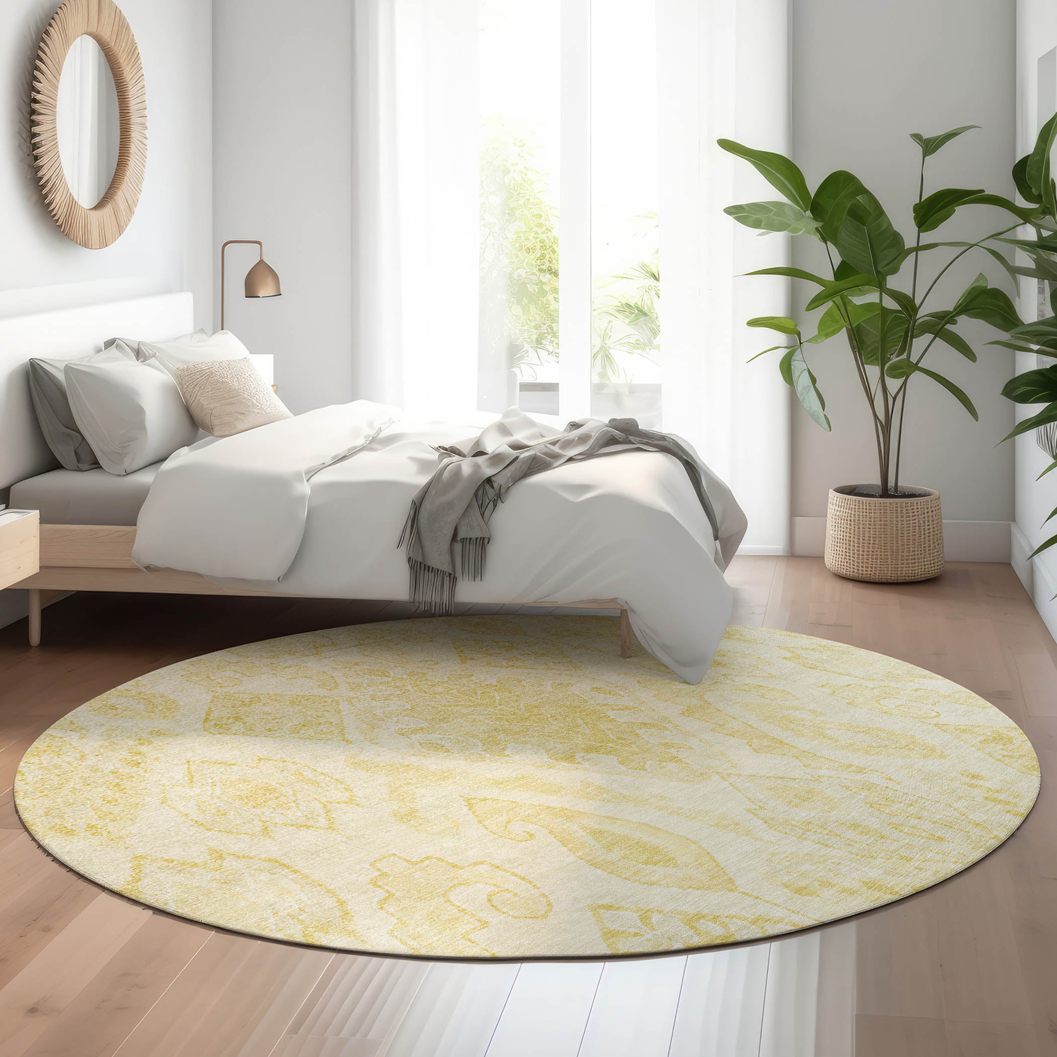 Bangkok Machine Washable Transitional Gold Rug 8' x 8' #shape_Round