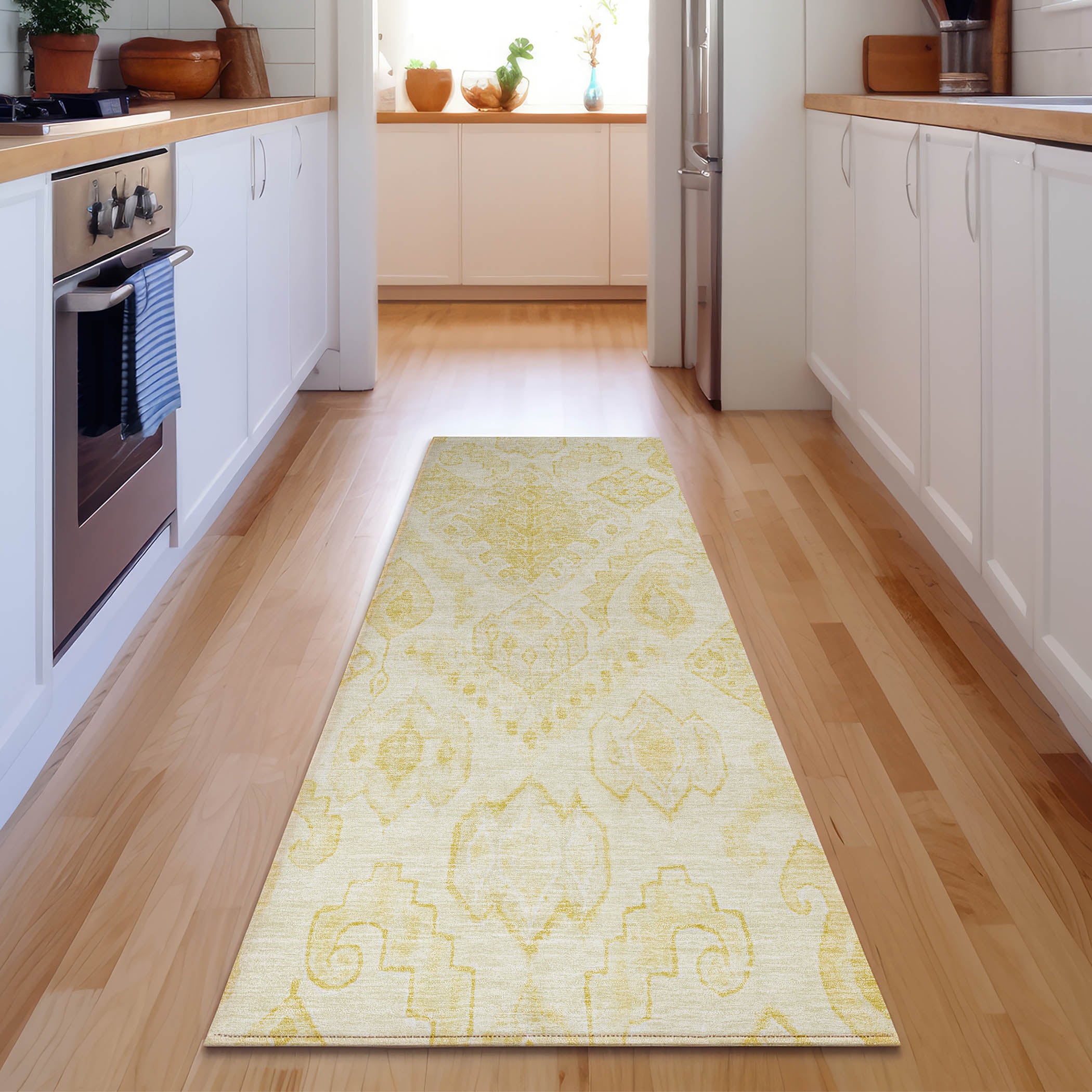 Bangkok Machine Washable Transitional Gold Rug 2'3" x 7'6" #shape_Runner