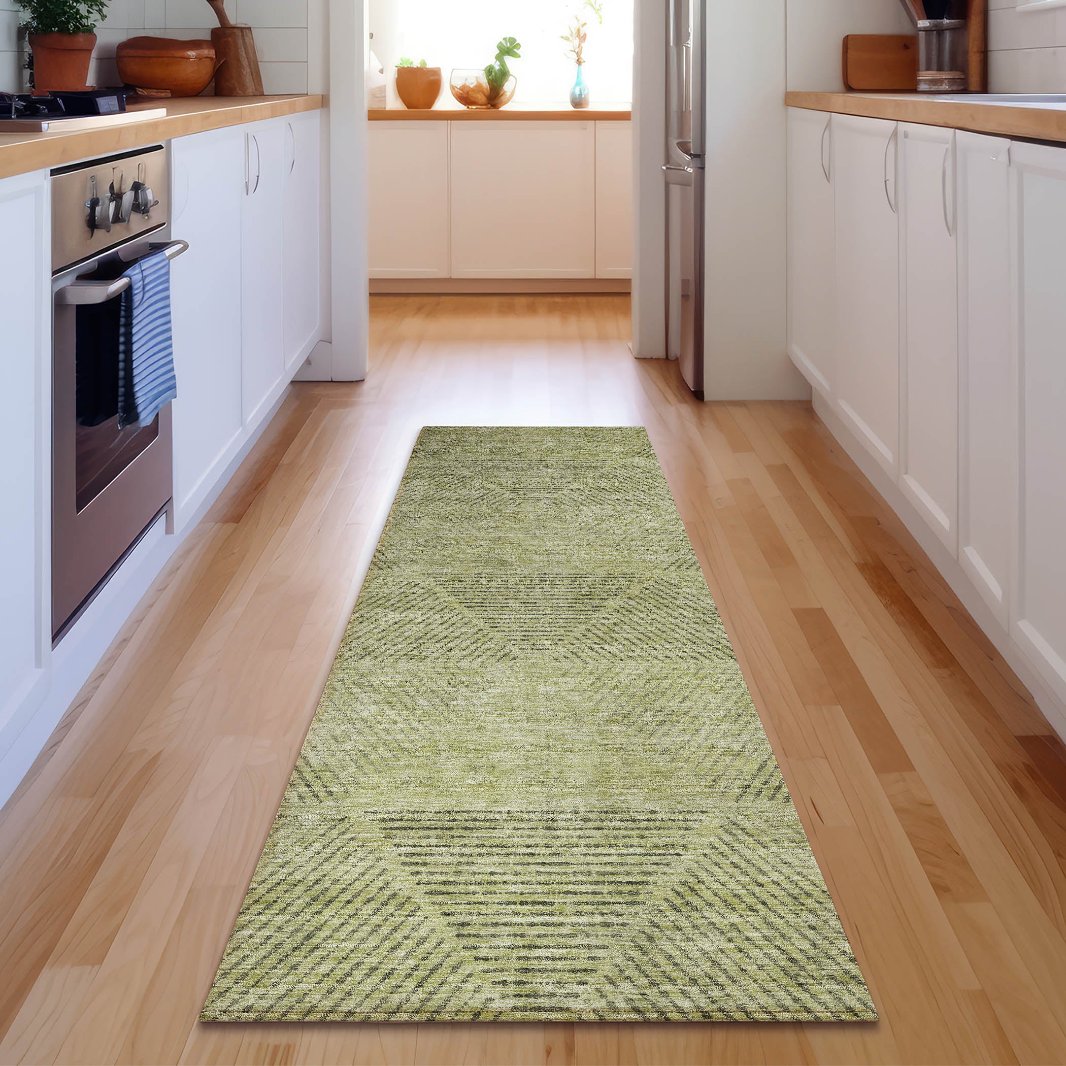 Colombo Machine Washable Transitional Aloe Green Rug 2'3" x 7'6" #shape_Runner