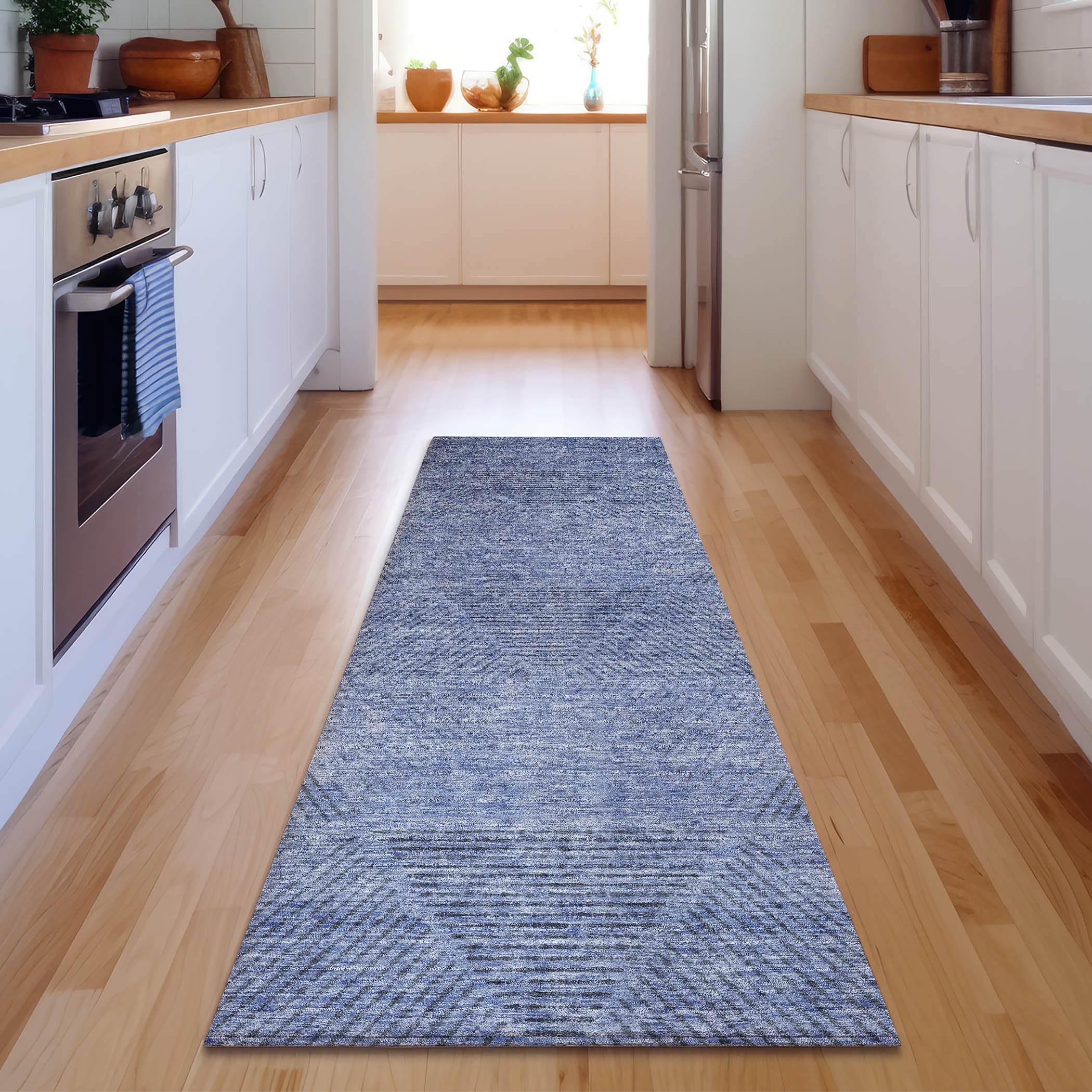 Colombo Machine Washable Transitional Blue Rug 2'3" x 7'6" #shape_Runner