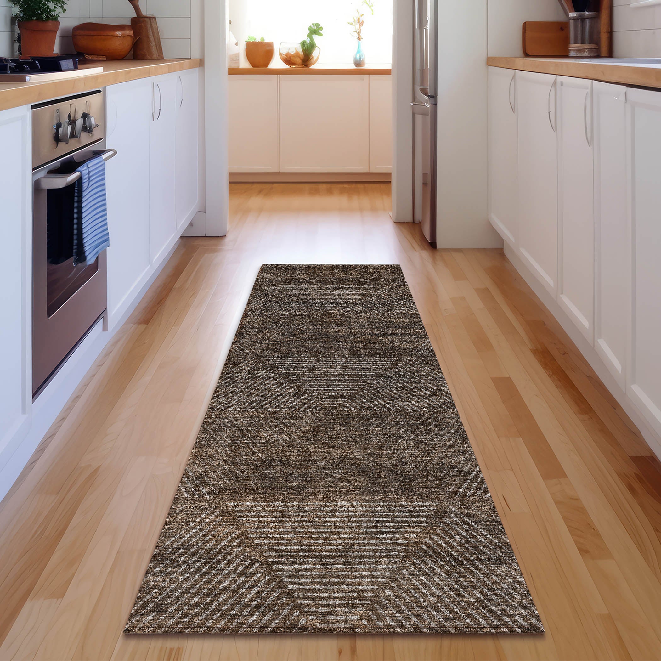 Colombo Machine Washable Transitional Brown Rug 2'3" x 7'6" #shape_Runner