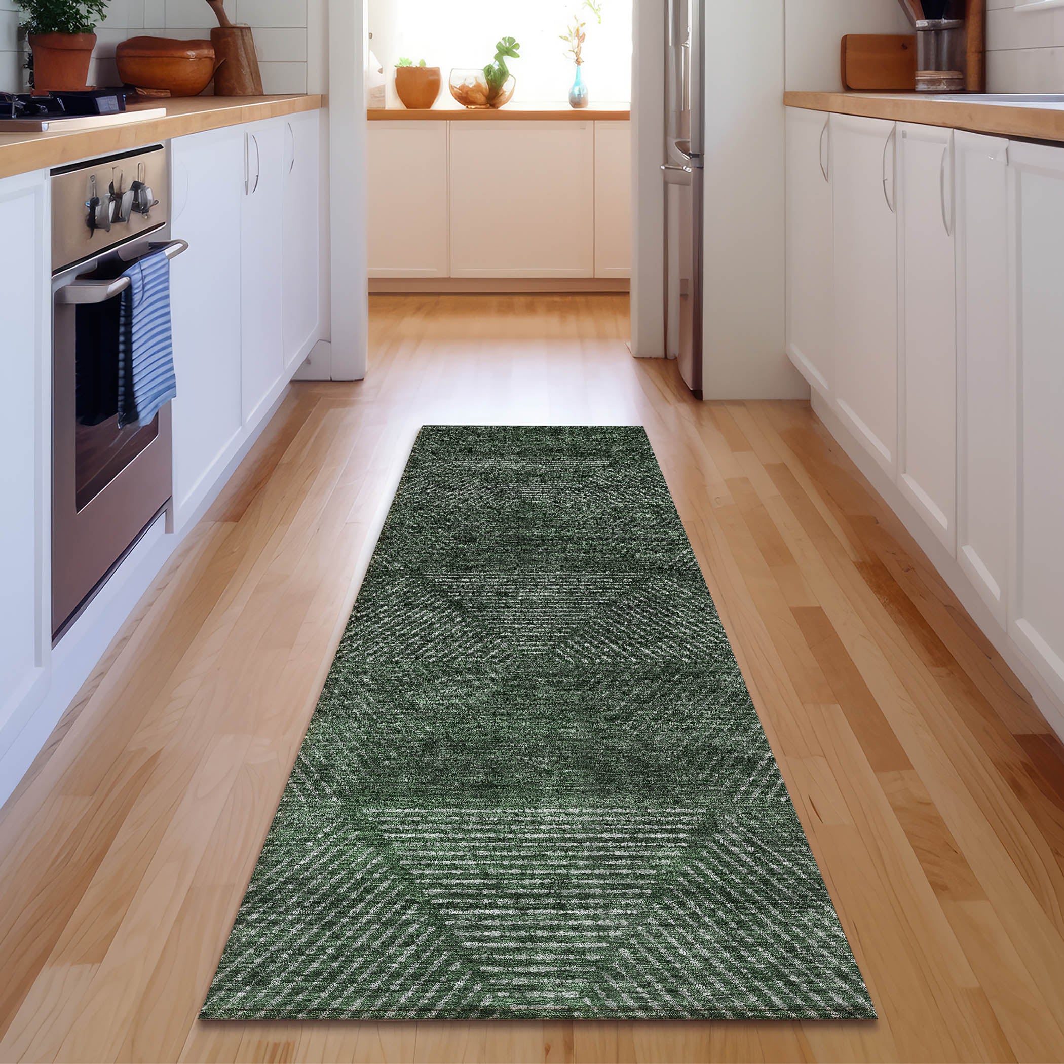 Colombo Machine Washable Transitional Fern Green Rug 2'3" x 7'6" #shape_Runner