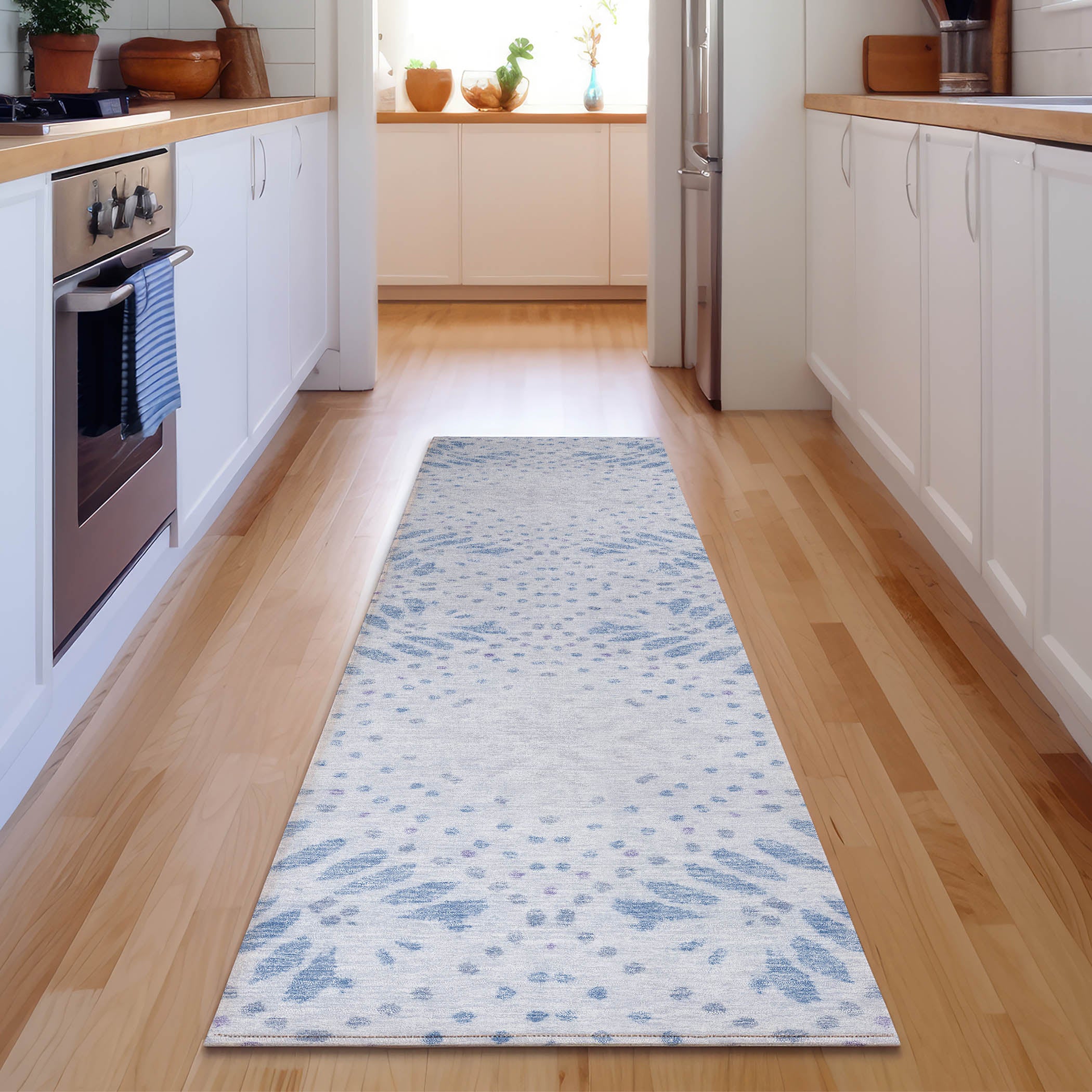 Reykjavik Machine Washable Transitional Blue Rug 2'3" x 7'6" #shape_Runner