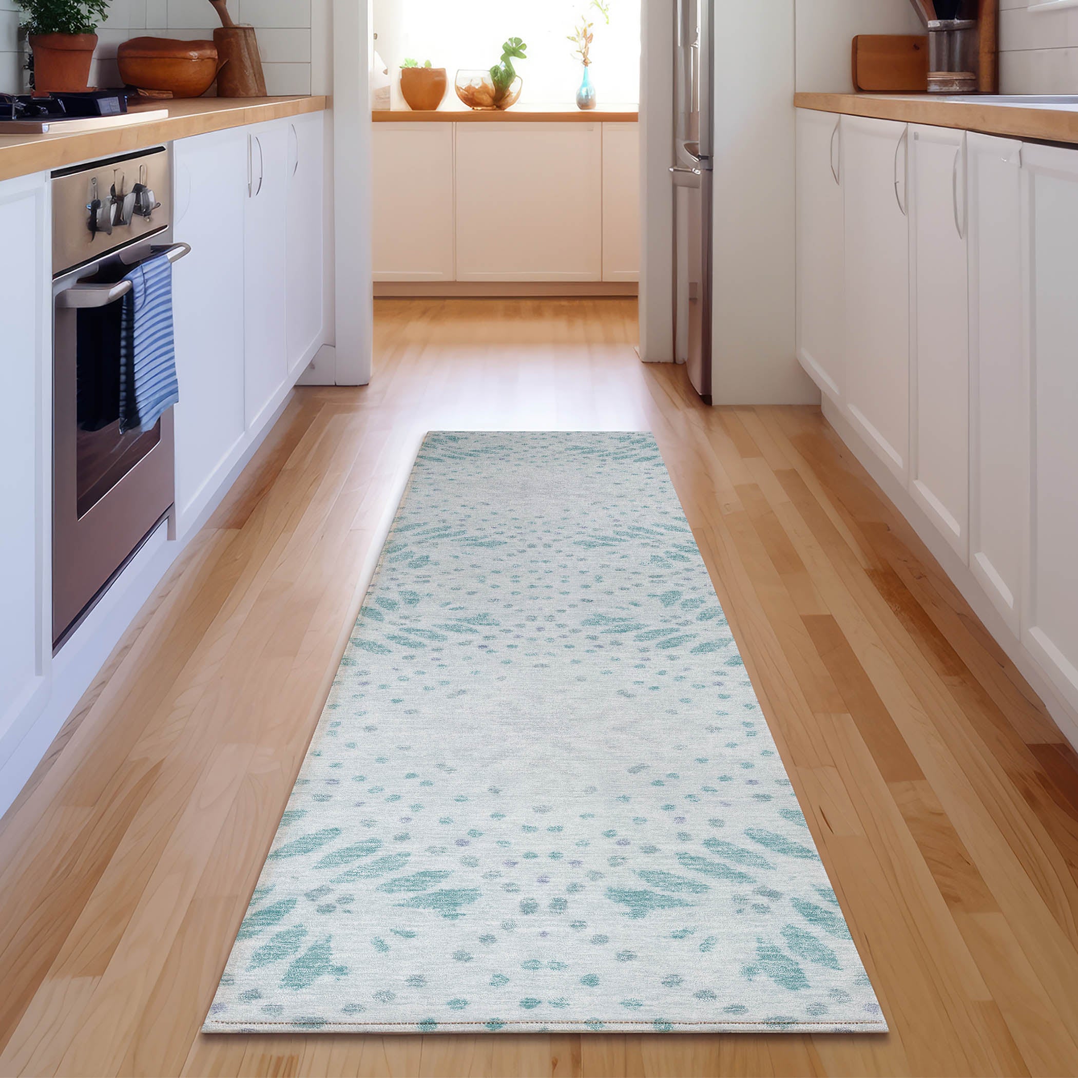 Reykjavik Machine Washable Transitional Teal Rug 2'3" x 7'6" #shape_Runner
