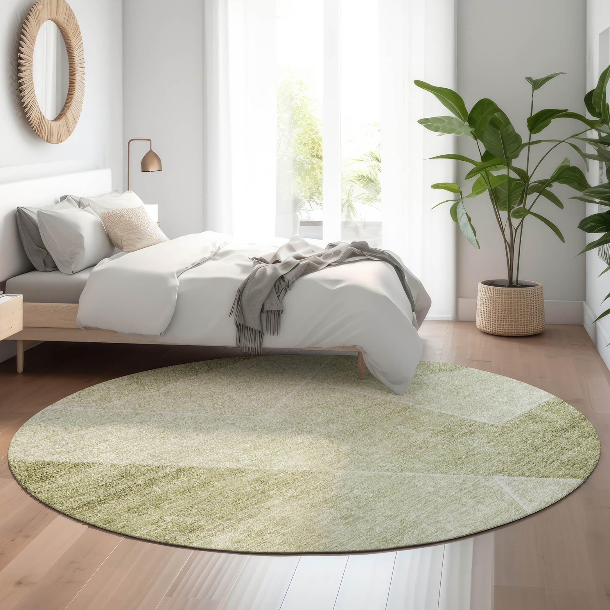 Bogota Machine Washable Transitional Sage Green Rug 8' x 8' #shape_Round