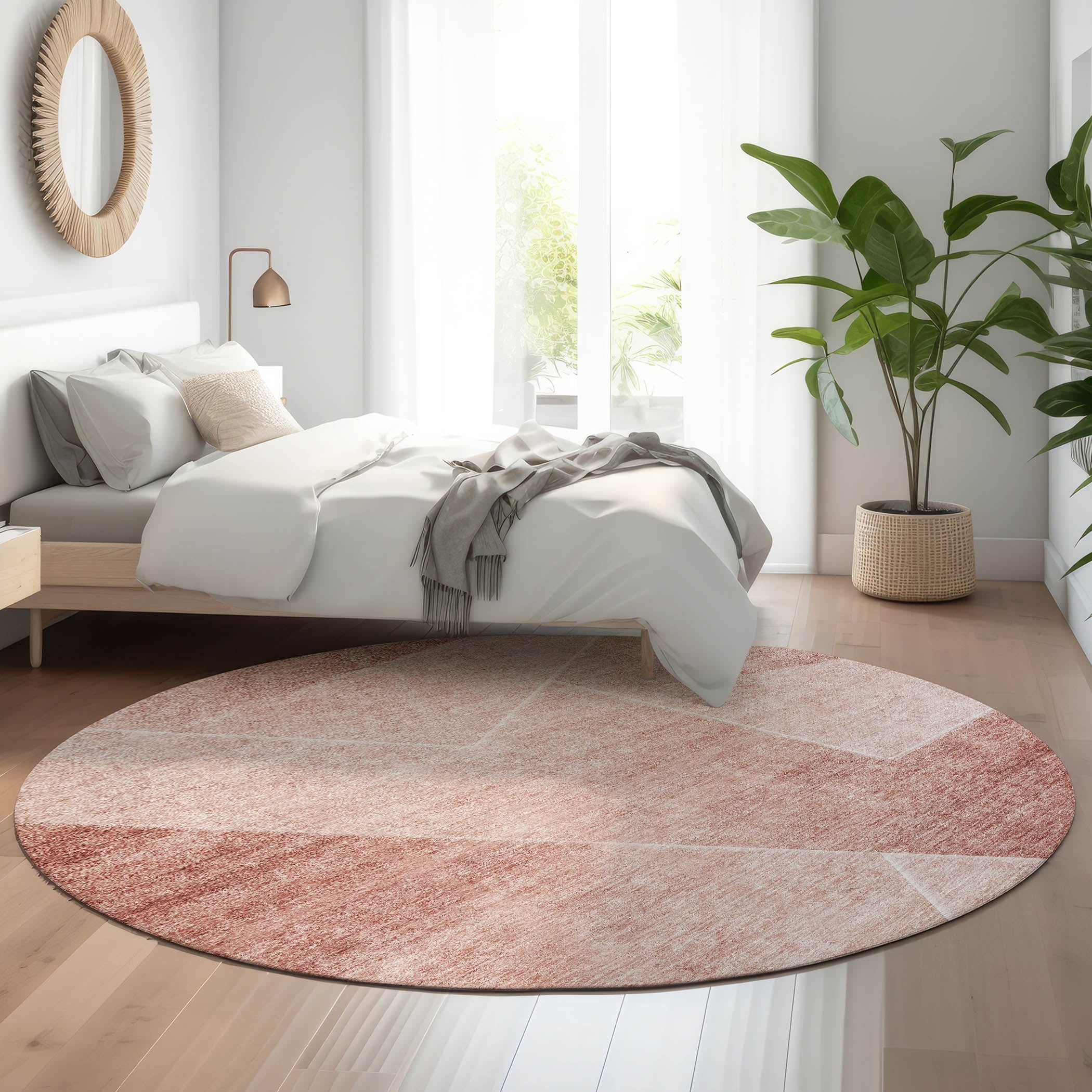 Bogota Machine Washable Transitional Salmon Orange Rug 8' x 8' #shape_Round