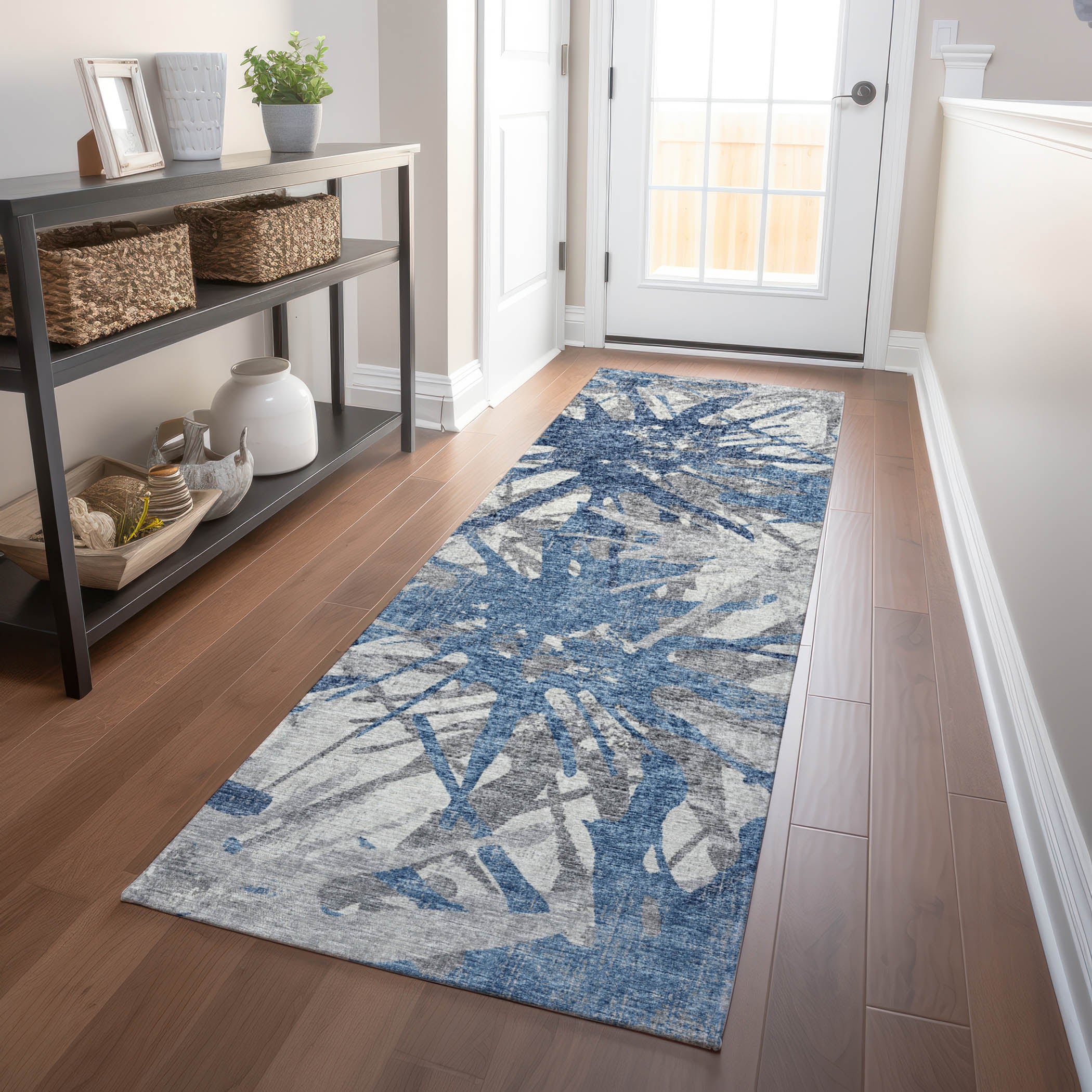 Lisbon Machine Washable Transitional Blue Rug 2'3" x 7'6" #shape_Runner