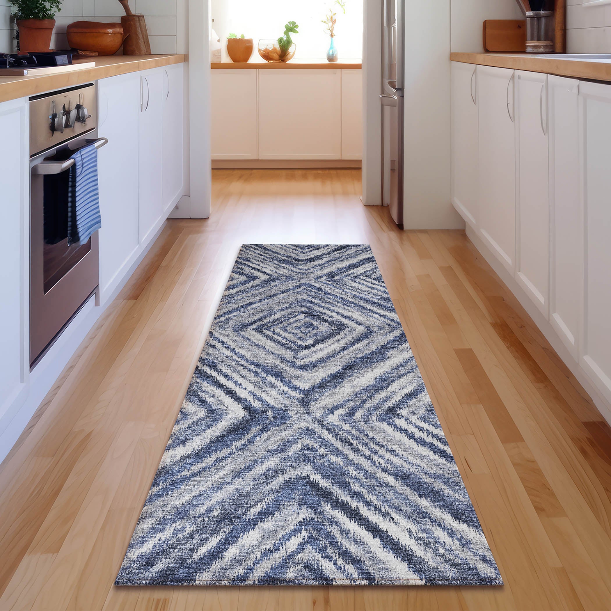 Cartagena Machine Washable Transitional Blue Rug 2'3" x 7'6" #shape_Runner