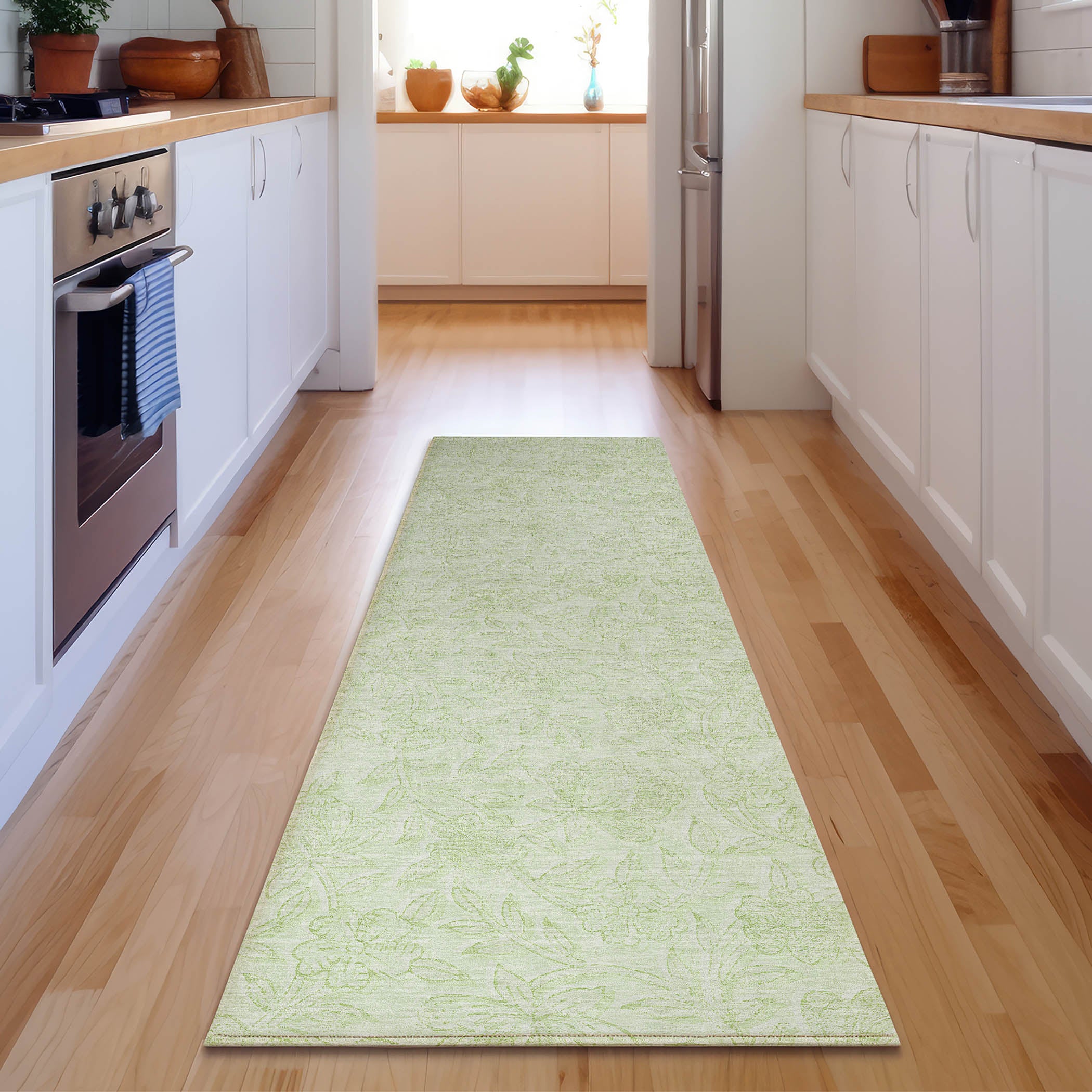 Cusco Machine Washable Transitional Aloe Green Rug 2'3" x 7'6" #shape_Runner