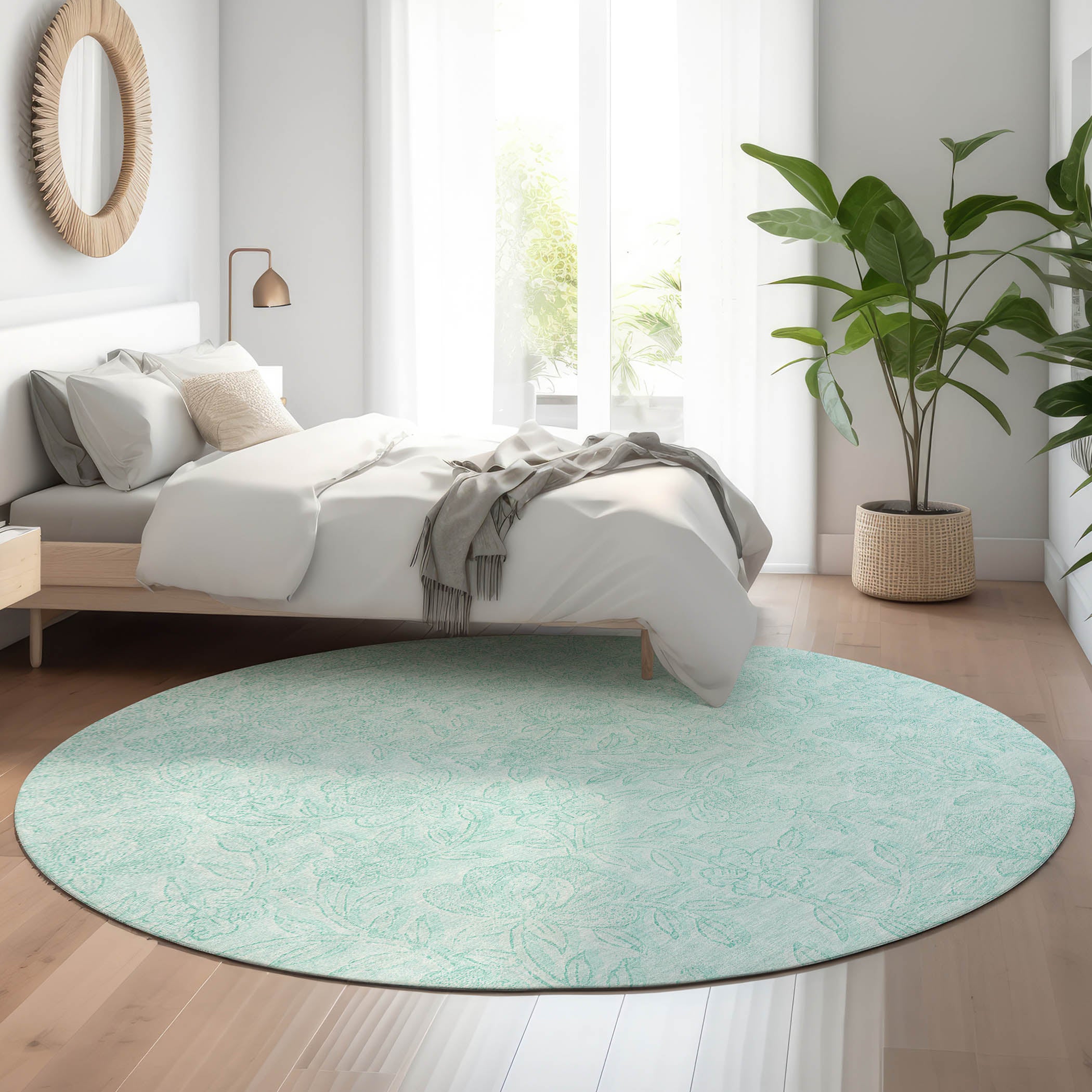 Cusco Machine Washable Transitional Teal Rug 8' x 8' #shape_Round
